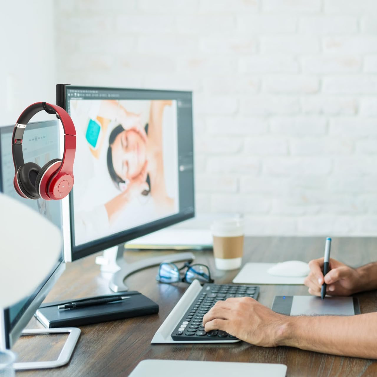 Angoily 5Pcs Headphone Hook Gadget Screen Monitor Headphones Earphones Sport Headphones Headset Mount for Monitor Dual Headphone Stand Headset Holder Mount Cable Hub Black Plastic image number 5