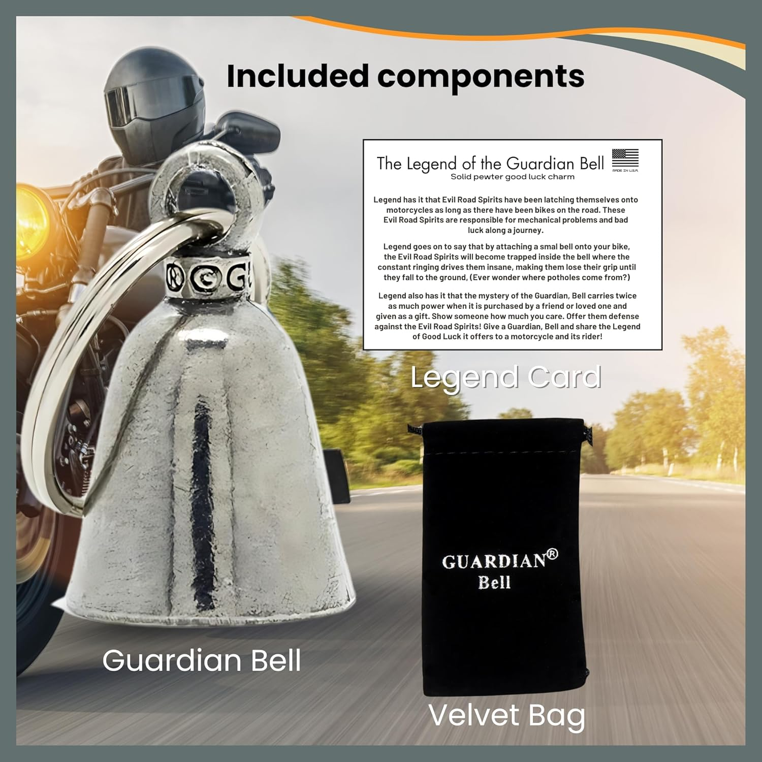 Guardian Bell Good Luck Bells W/Keyring & Black Velvet Gift Bag | Motorcycle Bell | Lead-Free Pewter Bell | Made in the USA image number 3
