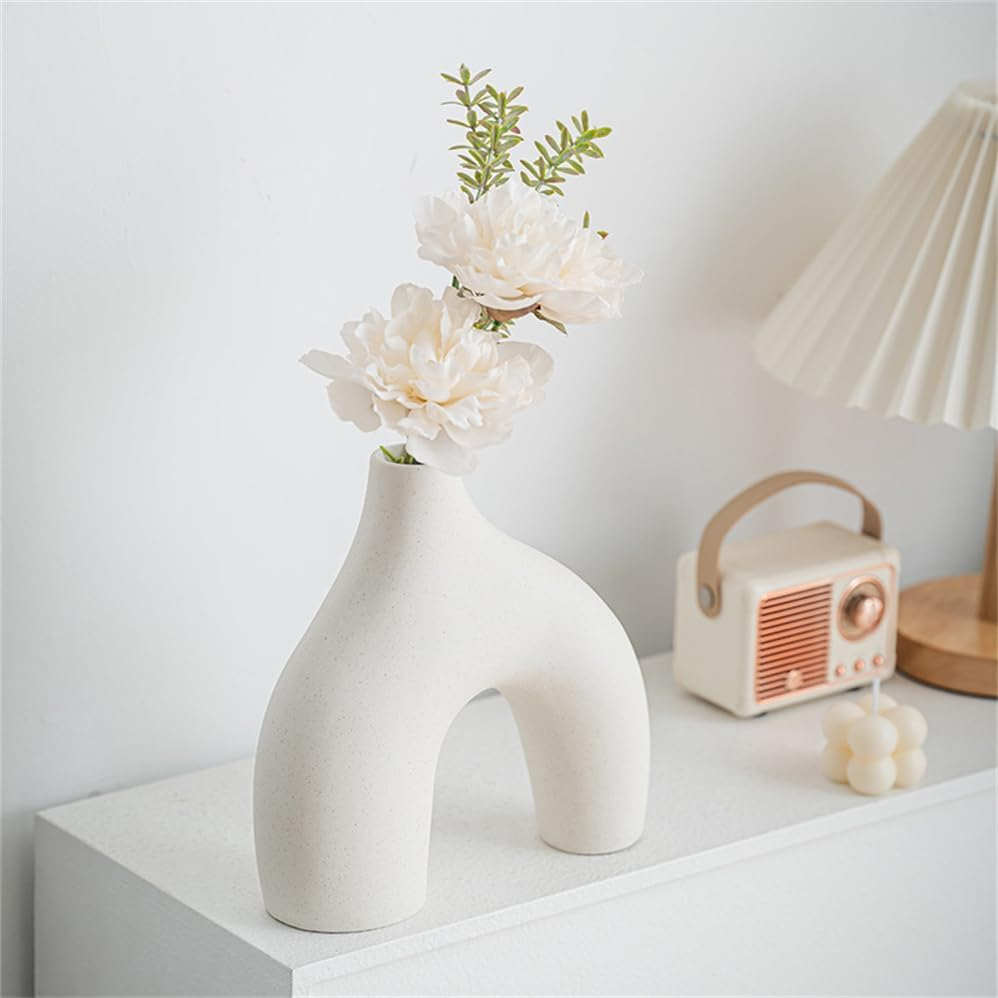 White Ceramic Vase Set of 3,Minimalist Nordic,Whiter Ceramic Hollow Donut Vase Decor,Modern Boho Vases for Decor,Round White Vases Centerpieces for Living Room Bedroom Coffee Table Dinner Table image number 4