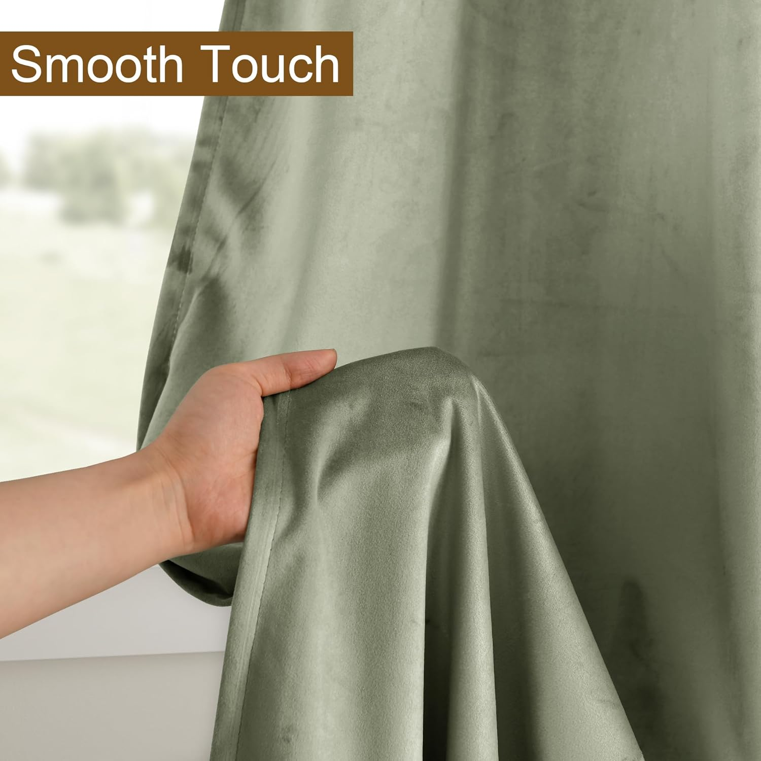 DWCN Velvet Curtains Elegant Grommet Curtain Sewn with Tiebacks - Thermal Insulated Room Darkening Curtains & Drapes for Living Room Bedroom Decor, Each W132 Cm X D214Cm, Set of 2, Light Sage