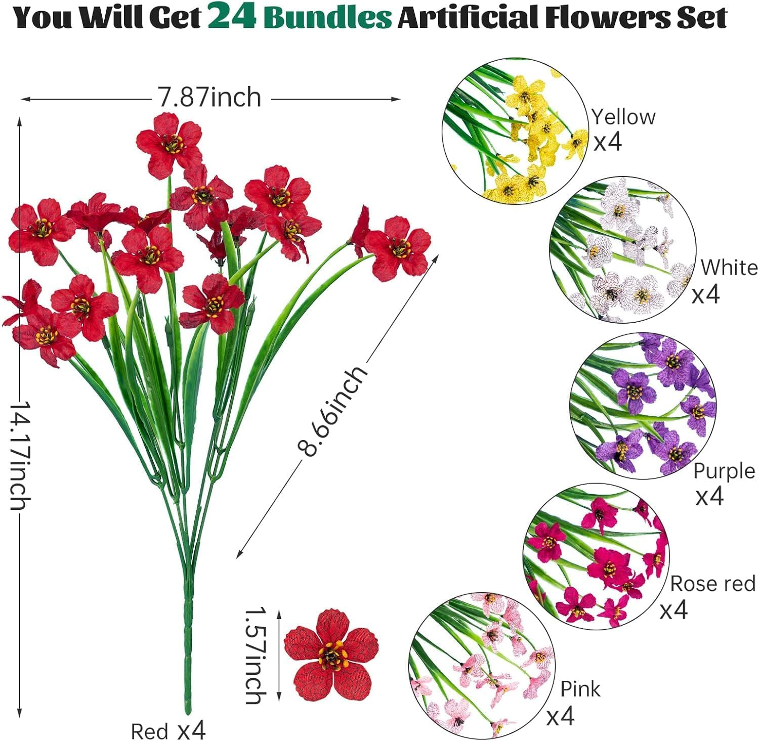 24 Pcs Artificial Flowers for Outdoor,Plastic Flowers Decoration, UV Resistant Faux Flowers Shrubs, Artificial Plants for Indoor outside Garden Home Wedding Farmhouse（6 Color） image number 3