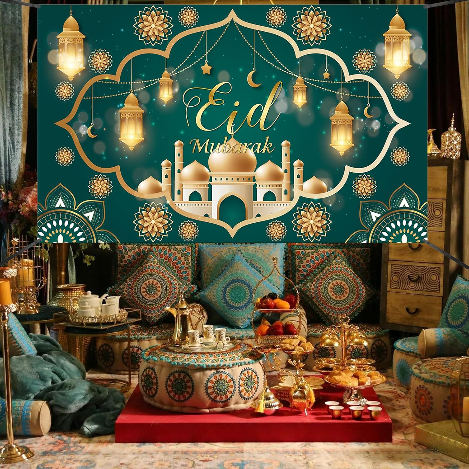 Eid Mubarak Banner 2025, Extra Large Fabric Ramadan Kareem Backdrop for Decorations, 72 X 44 Inch Star Moon Lanterns Castles Photo Booth Background for Islamic Muslim Al-Fitr Party Supplies image number 4