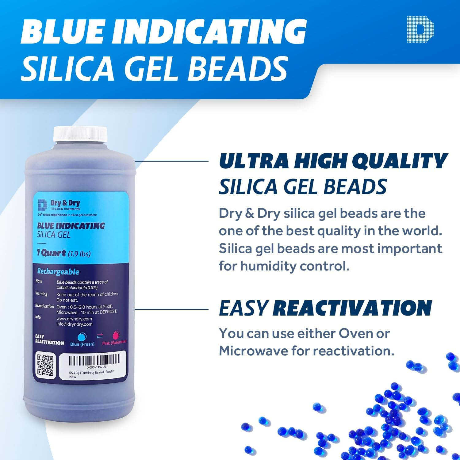 Dry & Dry 1 Quart Premium Blue Indicating Silica Gel Beads in round Bottle with Air Tight Cap(Industry Standard) - Reusable image number 3