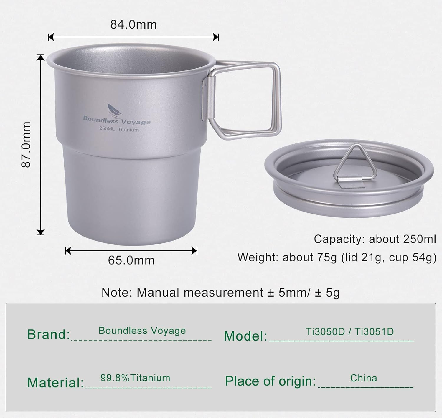 Boundless Voyage Titan Ti-3051-D Camping Mug Portable Stackable Cup Outdoor Water Coffee Cup with Lid image number 2