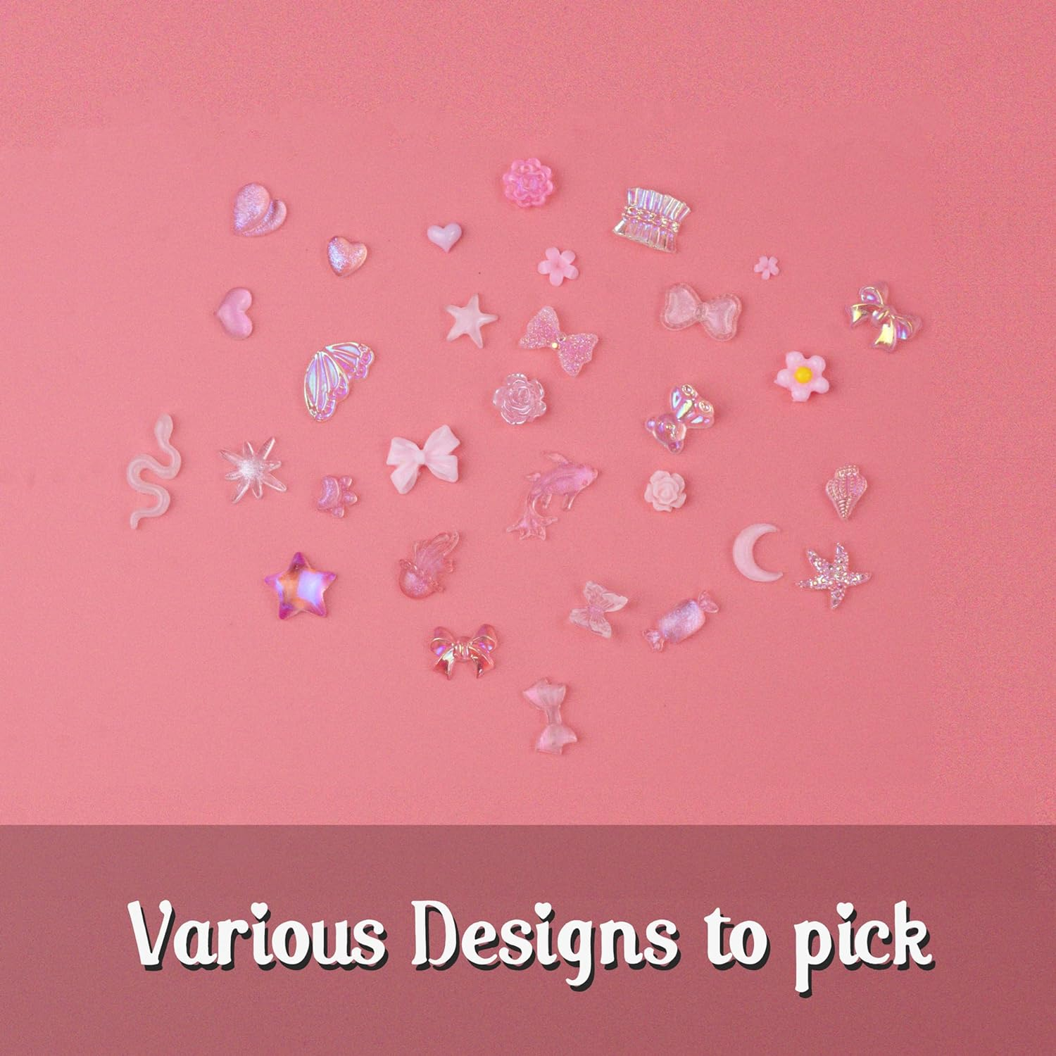 300 Pcs 3D Pink Nail Charms Y2K Kawaii Crystal for Nail Decor, Cute Bow Heart Star Moon Nail Gems Set, Nail Charms and Gems, Gifts for Women