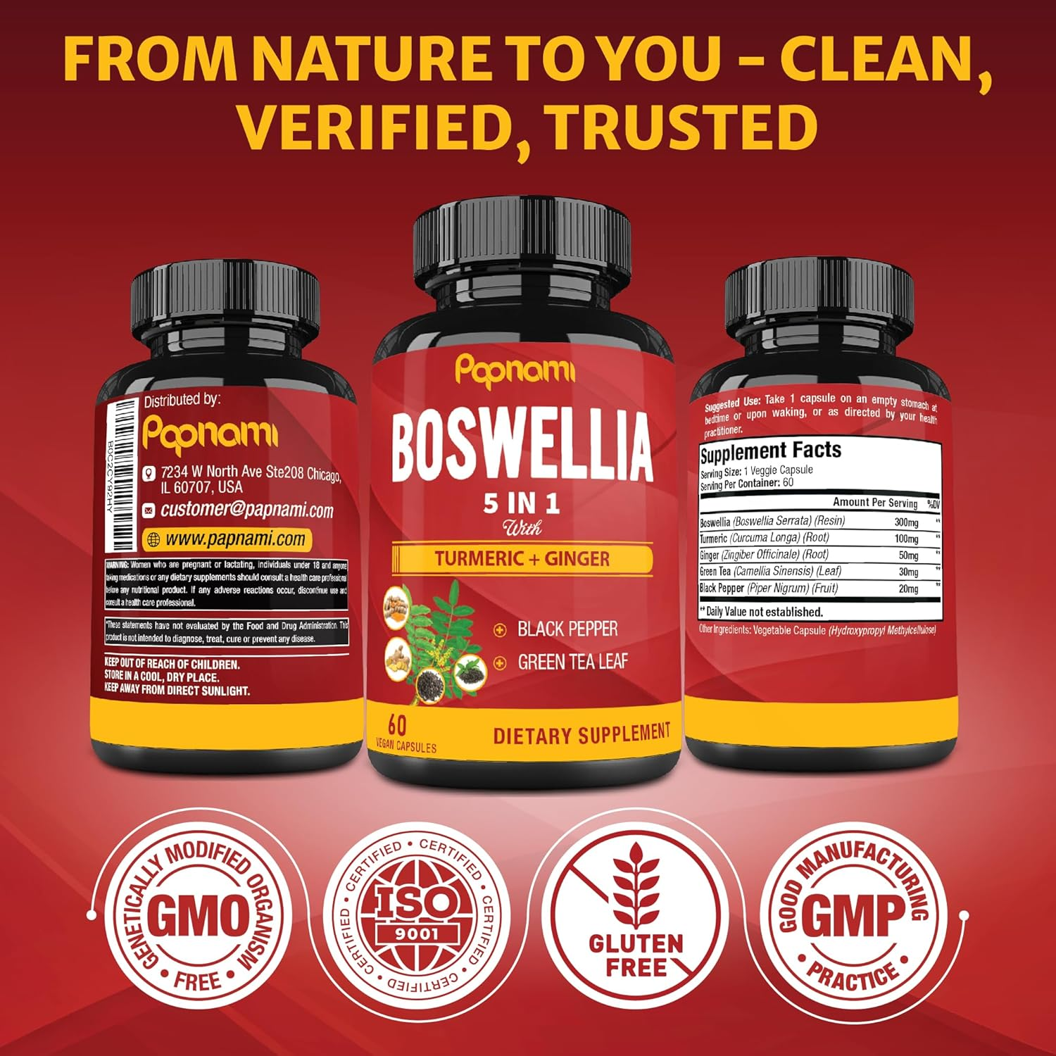 Organic Boswellia Serrata Extract Capsules with Turmeric Curcumin, Ginger, Black Pepper, Green Tea Powder - 60 Vegan Capsules image number 5