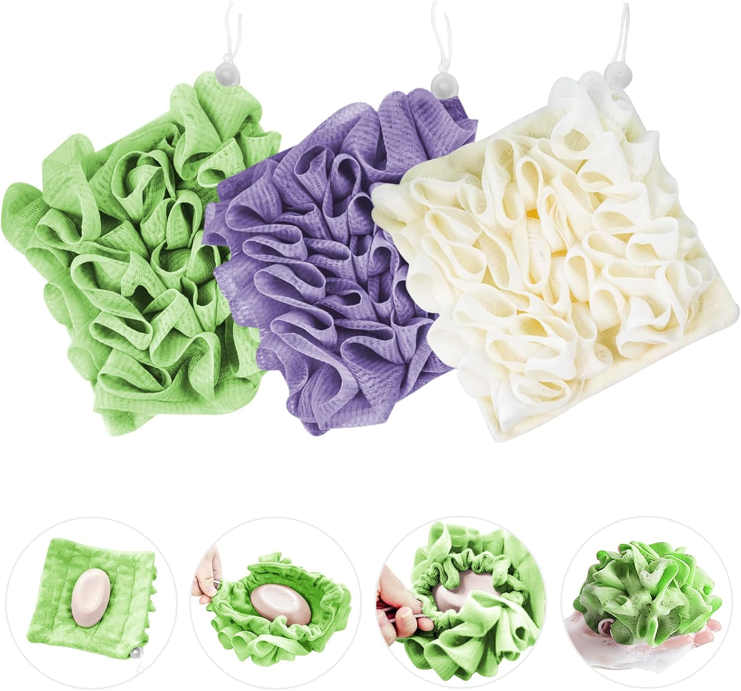 Reignsword 3 Pack 2-In-1 Washcloth Loofah Combo, Exfoliation Bath Loofah Sponge with Drawstring, Mesh Shower Ball for Body Wash and Cleanse Skin (Greeen+Purple+Beige) image number 1