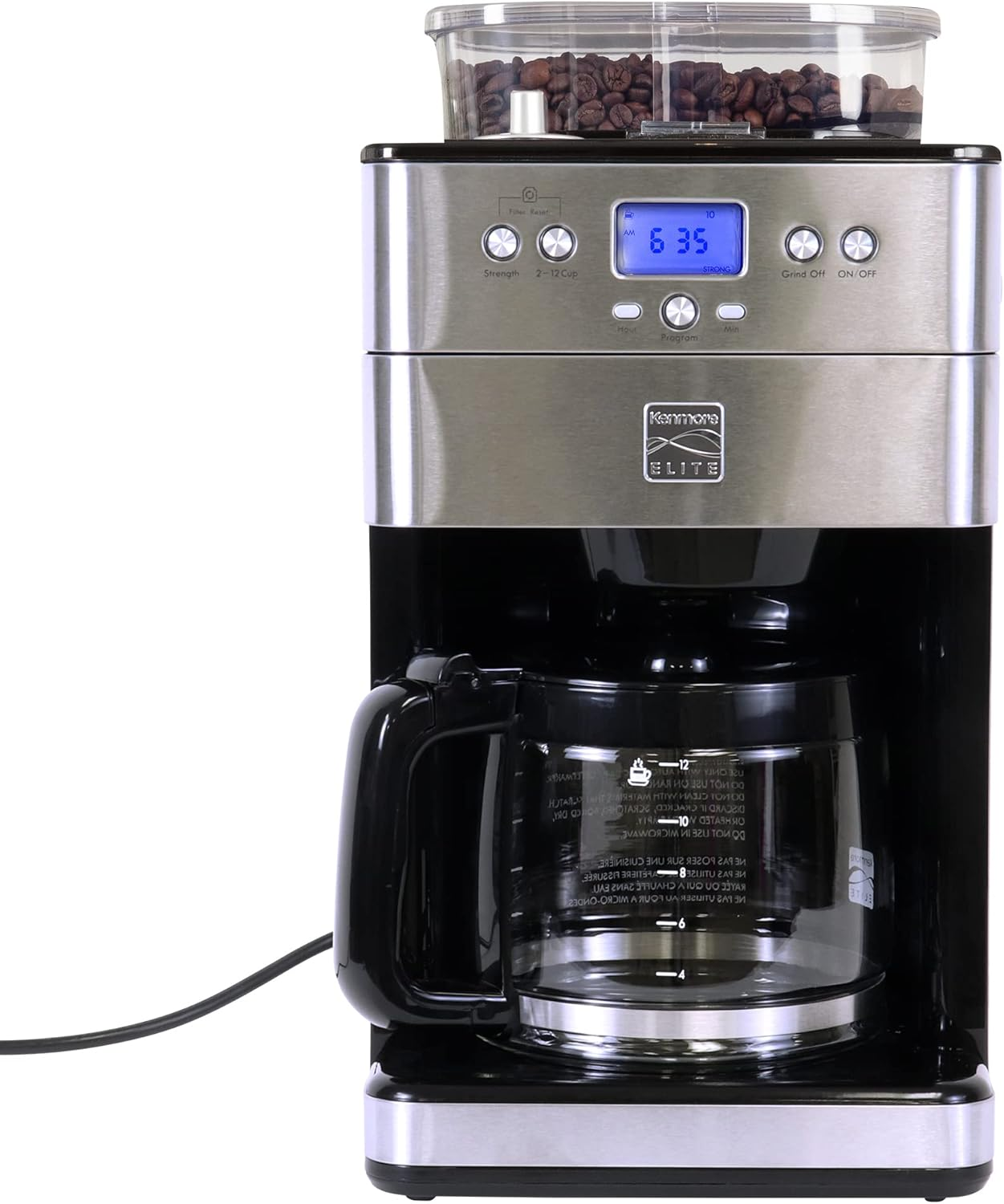 Kenmore Elite Grind and Brew Coffee Maker W/Burr Grinder, 12 Cup Programmable Automatic Timer, Air-Tight Bean Hopper, Grind Size and Brew Strength Selectors, Stainless Steel image number 6