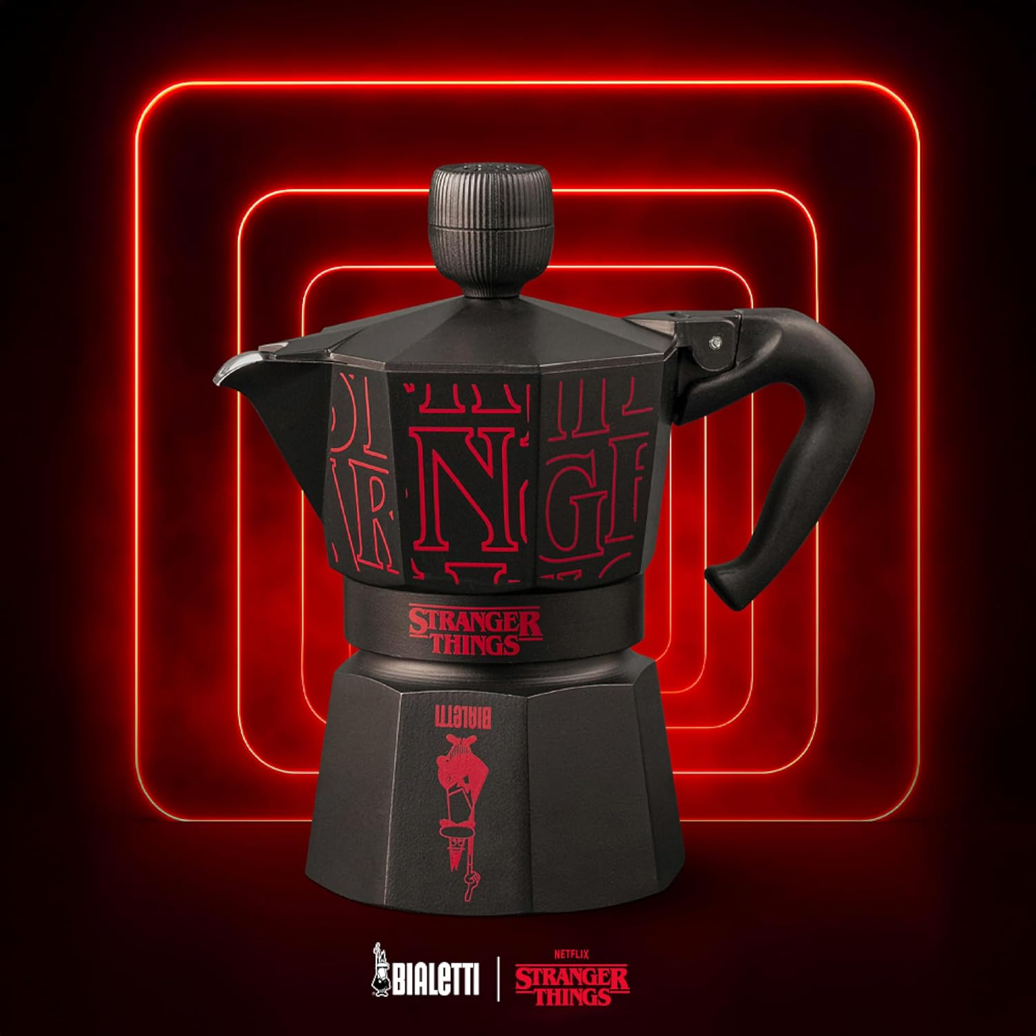 Bialetti Moka Express Stranger Things Stovetop Espresso Maker - Musical Knob with USB-C Charging - Not Induction - Plays Theme Tune - Black, 3 Cup Capacity (130 Ml)