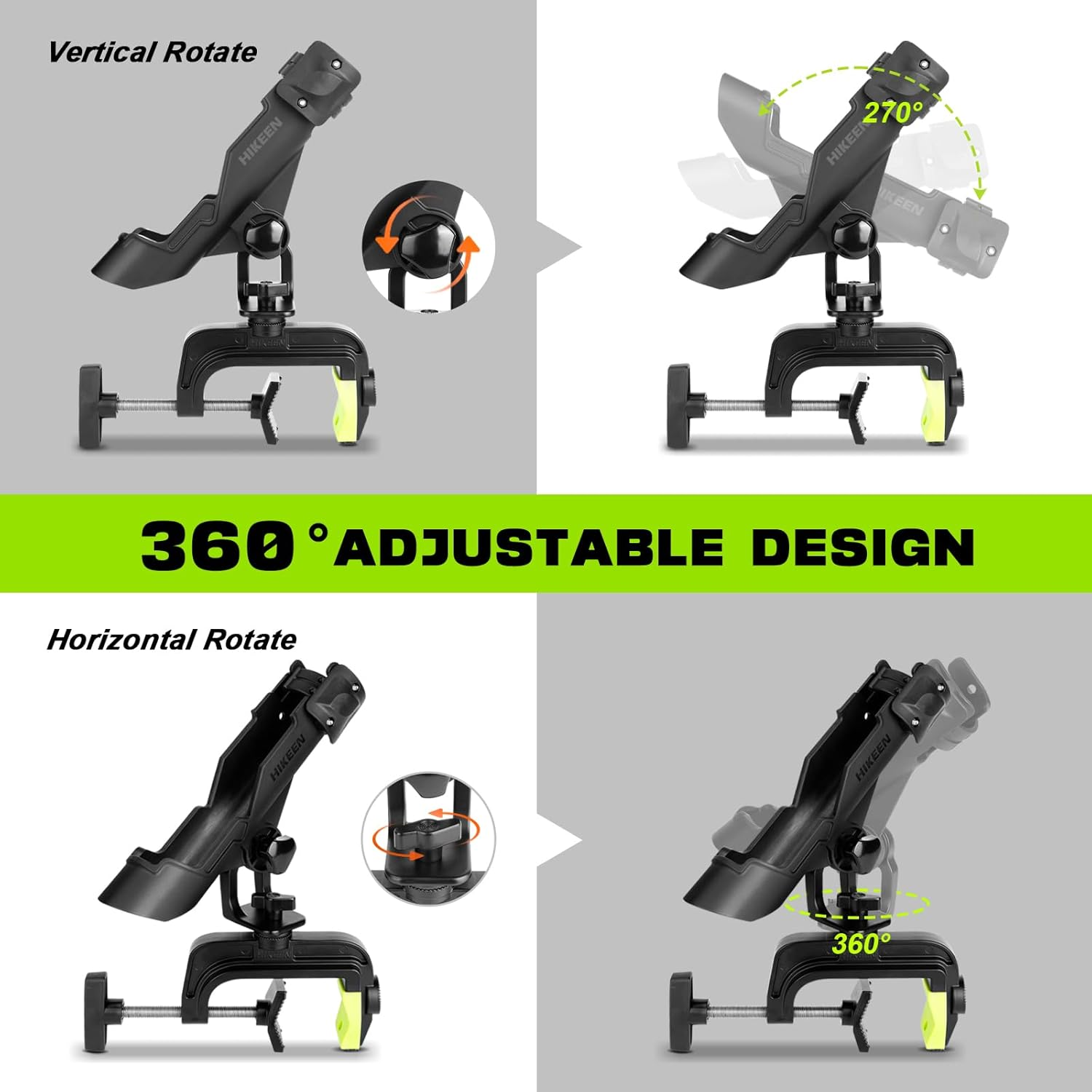 Hikeen Fishing Rod Holders for Boat, Upgraded Fishing Pole Holders with Enlarge Clamp for Most Rod, Adjustable Fishing Rod Rack Fit Round/Square Tubes