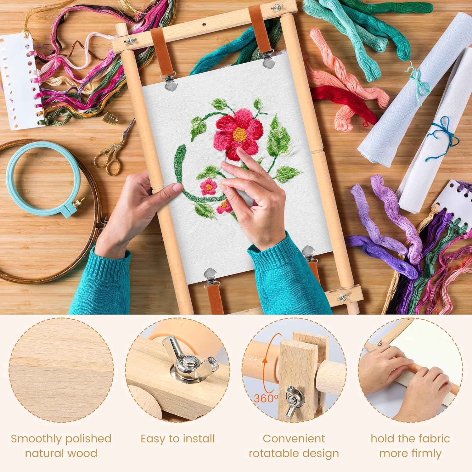 Embroidery Scroll Frame Cross Stitch Tapestry Frame Wood Needlepoint Scroll Frame Embroidery Quilting Frame Stitching Holder Art Craft Tool for Handwork (54.5 X 30.5Cm) image number 4