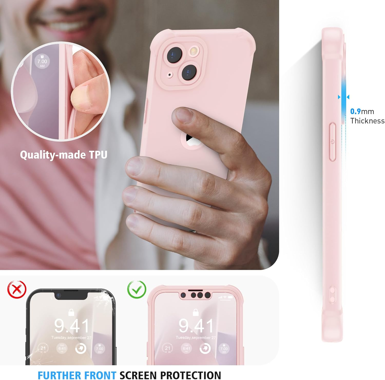 ORETECH Designed for Iphone 13 Case with 2 X Tempered Glass Screen Protector Shockproof Protection Cover Hard PC Silky Soft Touch Full Body Protective Case for Iphone 13 (2021) 6.1'' - Baby Pink image number 3