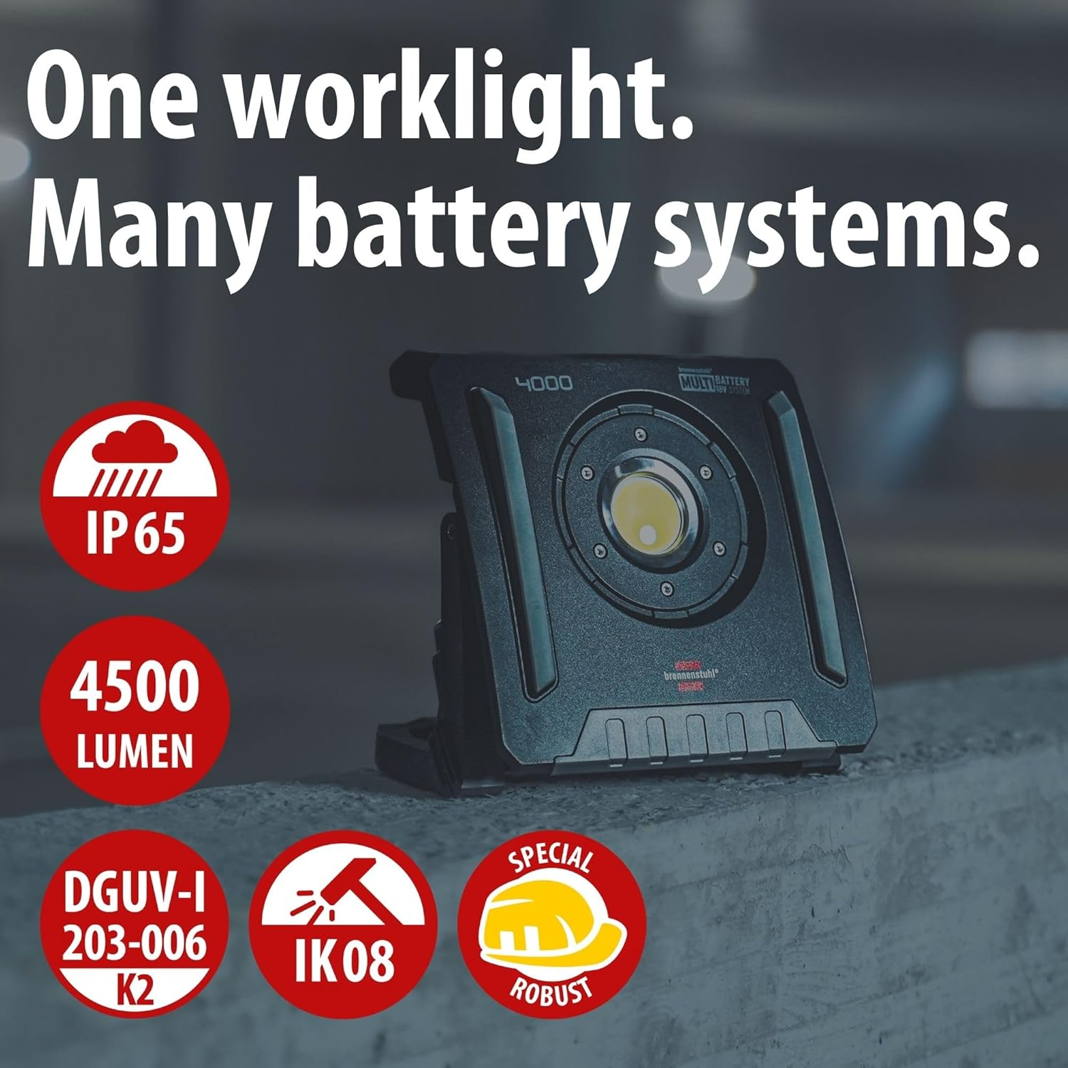 Brennenstuhl Professional Multi Battery LED Battery Construction Spotlight 4000 MA (40 W, 4500 Lm, IP65, Work Light Compatible with 18 V Batteries 11 Different Manufacturers, without Battery,