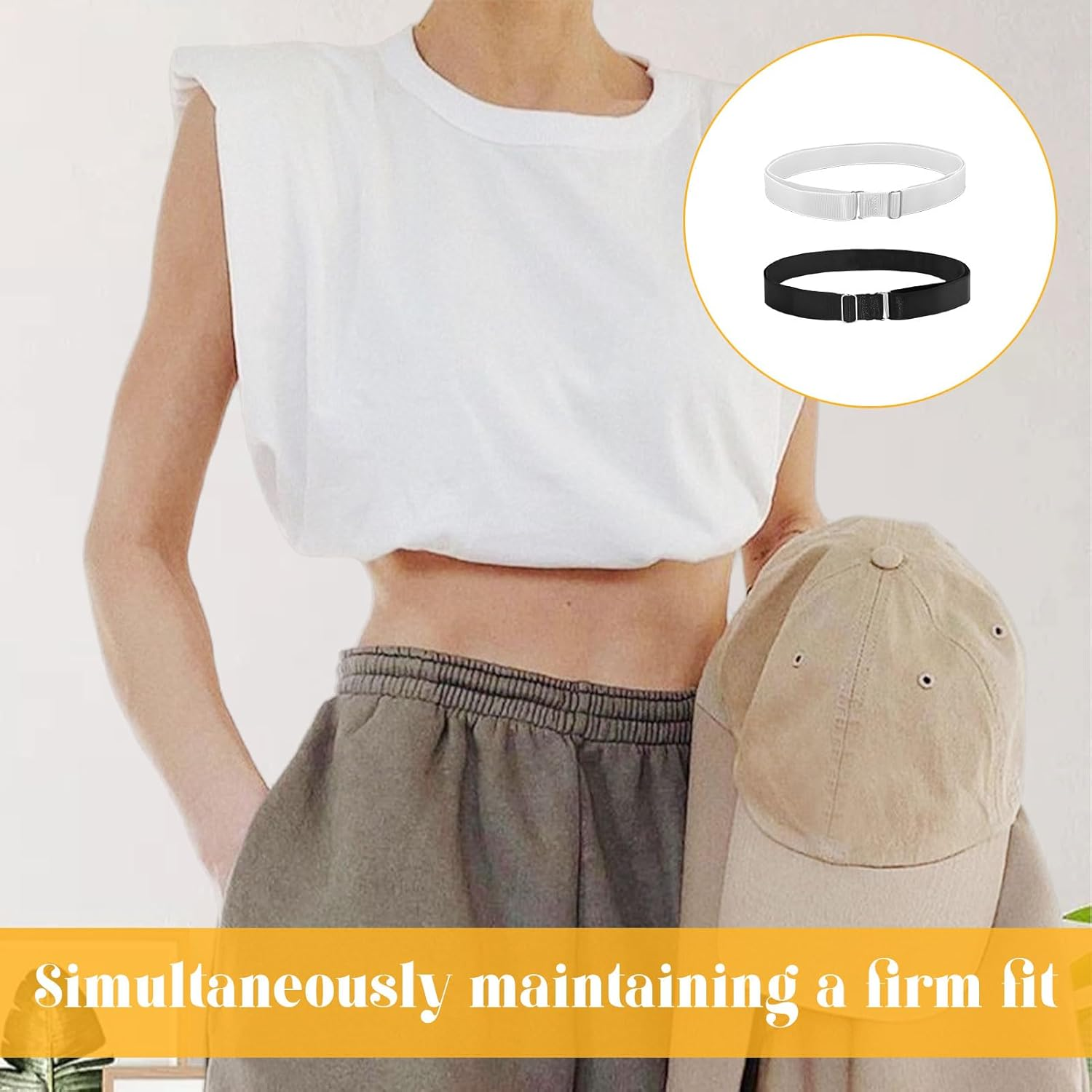 Tuck Band, 4 Pcs Elastic Band, Crop Top, Adjustable Crop Tuck Band for Shirts, Crop Tuck Tool Elastic Belts Shirt Tuck for Change You Style Your Tops, Black & White and 2Pcs Pearl Button image number 3