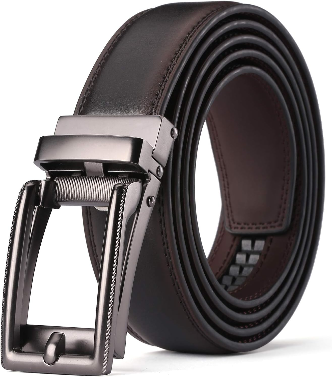 KAERMU Men'S Comfort Genuine Leather Ratchet Dress Belt 1 1/8" Wide with Automatic Click Buckle
