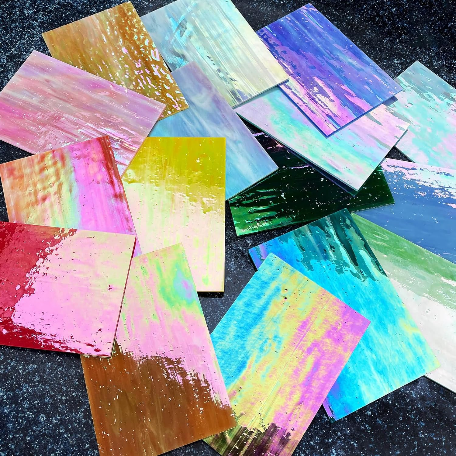 LITMIND 16 Vibrant Iridescent Stained Glass Sheets Variety Pack - 6 X 4 Inch Cathedral Art Glass, Ideal for Mosaic Crafts & Supplies, Unleash Creativity with Stunning Stained Glass Projects