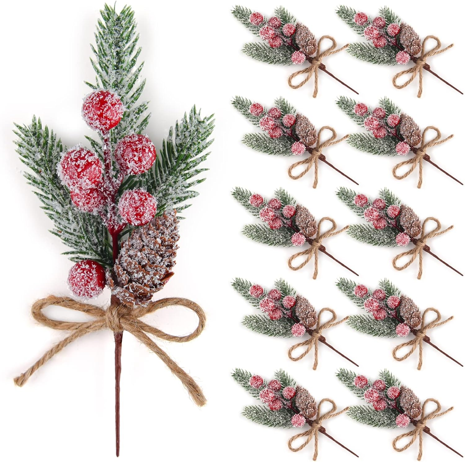 ELECLAND 10 Pcs Christmas Picks Decorations Artificial Pine Branches Stems Spray with Pine Cones Faux Pine Picks Red Berry Holly Leaves for Craft Floral Christmas Wreath Picks Ornaments, White
