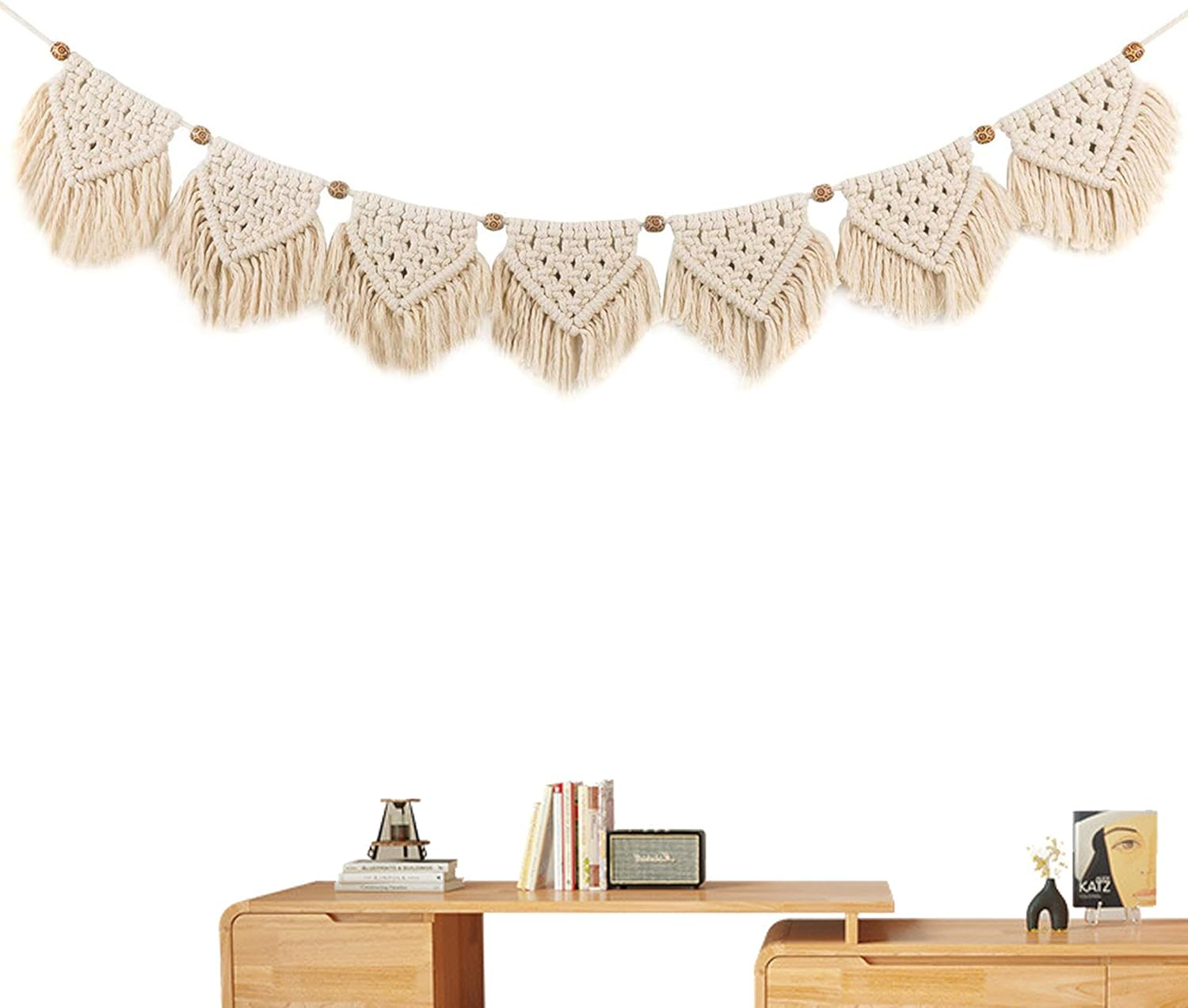 Macrame Wall Decor - Room Decoration Tapestry,Bohemian Handmade Wall Art Tapestry,Macrame Garland Banner with Wood Beads,Home Wall Art Decoration for Apartment,Living Room,Bedroom,Balcony image number 1