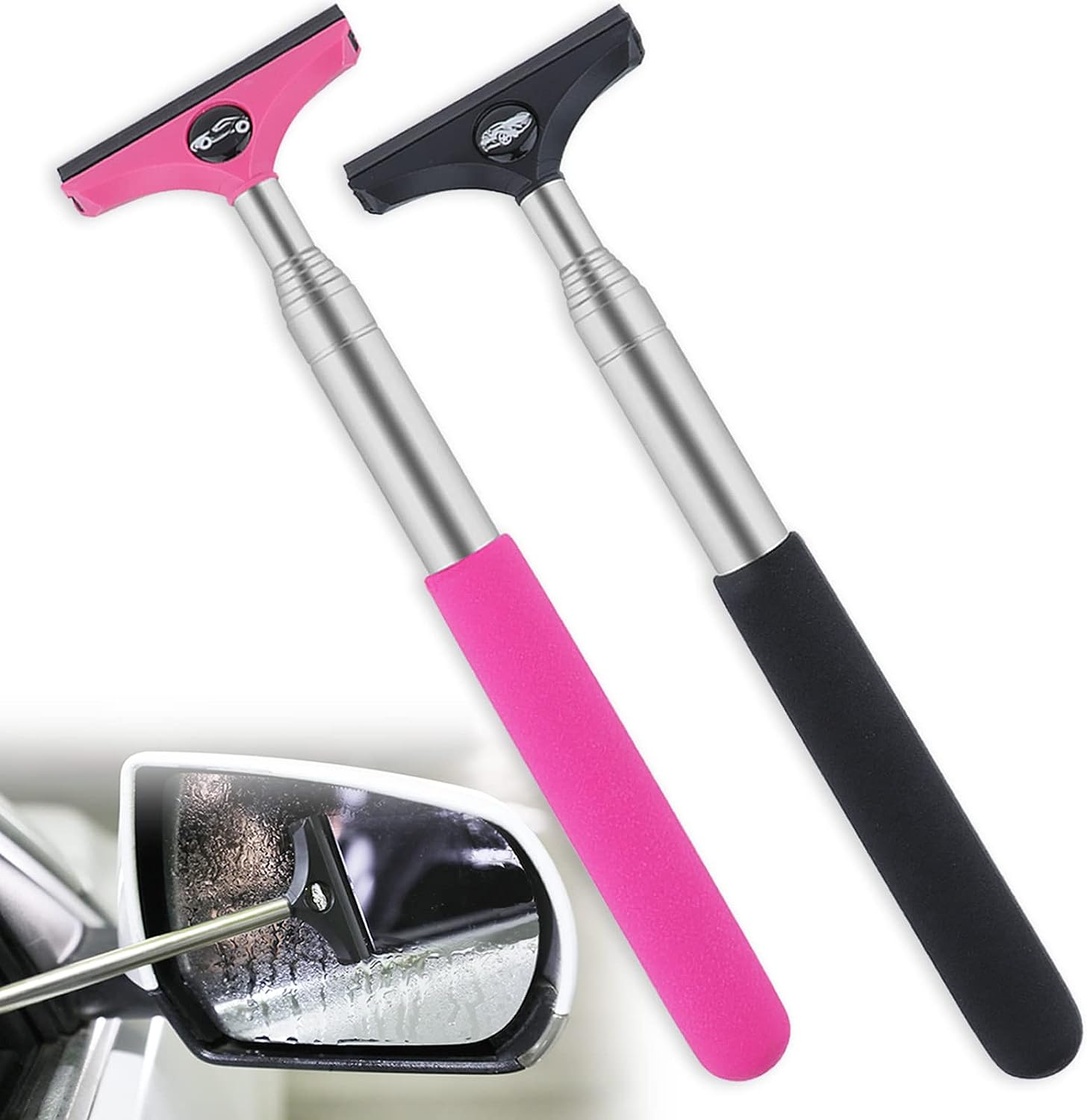 Side Mirror Squeegee, 2 PCS Car Rearview Wiper, Retractable for All Vehicles, Universal Automotive Accessories (Black/Pink)