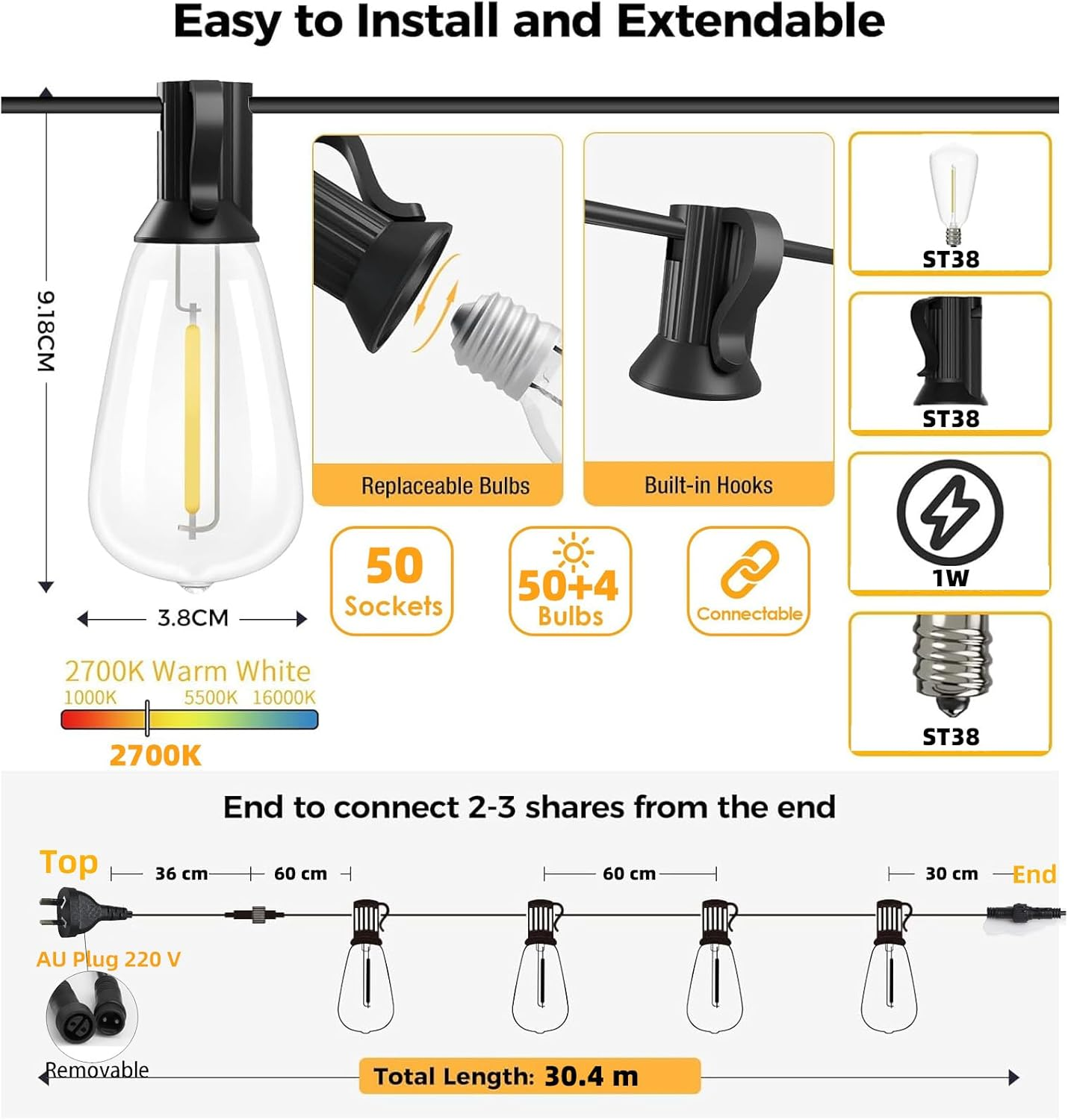 TOJUNE Festoon Lights Outdoor LED String Lights, Waterproof & Shatterproof Christmas Garden Hanging, Patio, Party, Yard, Fairy Lamp, AU Plug, 2700K Warm White (ST38 (Cylinder), 30.4M (50+4 Bulbs)) image number 4