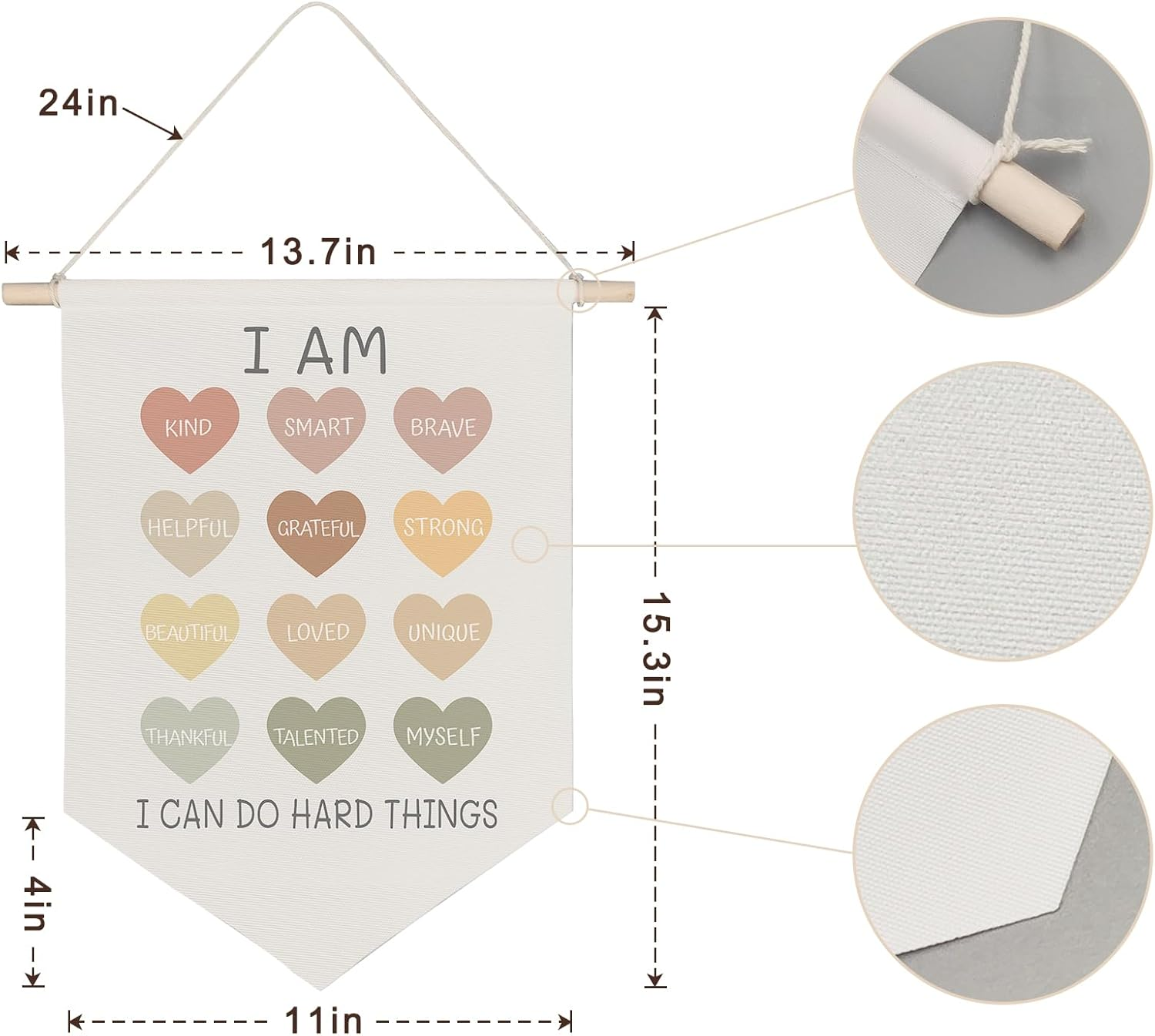 QODUNG Positive Affirmations I Am Kind Smart Loved Canvas Banner,Inspirational Boho Classroom Wall Decor,Wall Hanging Pennant Flag Canvas Banner for Kids Room Playroom Homeschool Nursery