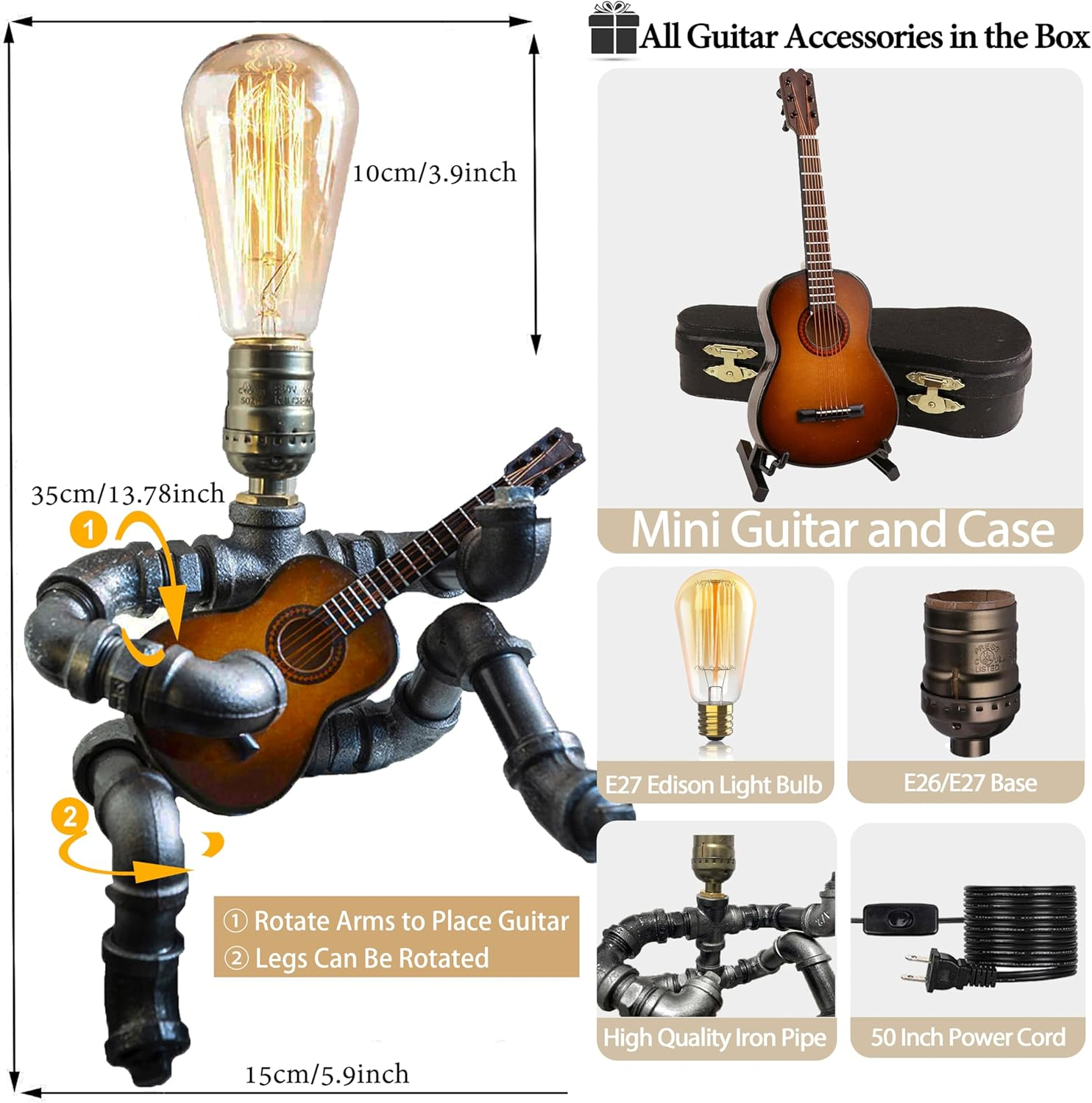 Fhomhair&Greine Music Guitar Table Lamp Art Decor, Cool Guitar Stuff Gifts for Men Music Lovers Guitar Players, Steampunk Pipe Man Edison Bulb Lamps, Retro Guitars Metal Pipe Industrial Robot Lights image number 5
