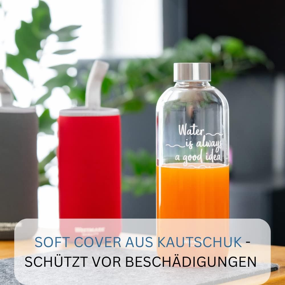 Westmark Drinking Bottle Set 2 Pieces 2 Glass Drinking Bottles with Print, Includes 1 Protective Cover, 1000 Ml, Glass, Silicone, Rubber, Bpa-Free, Viva, Red/Anthracite/Silver/Clear, 5274222E8 image number 2