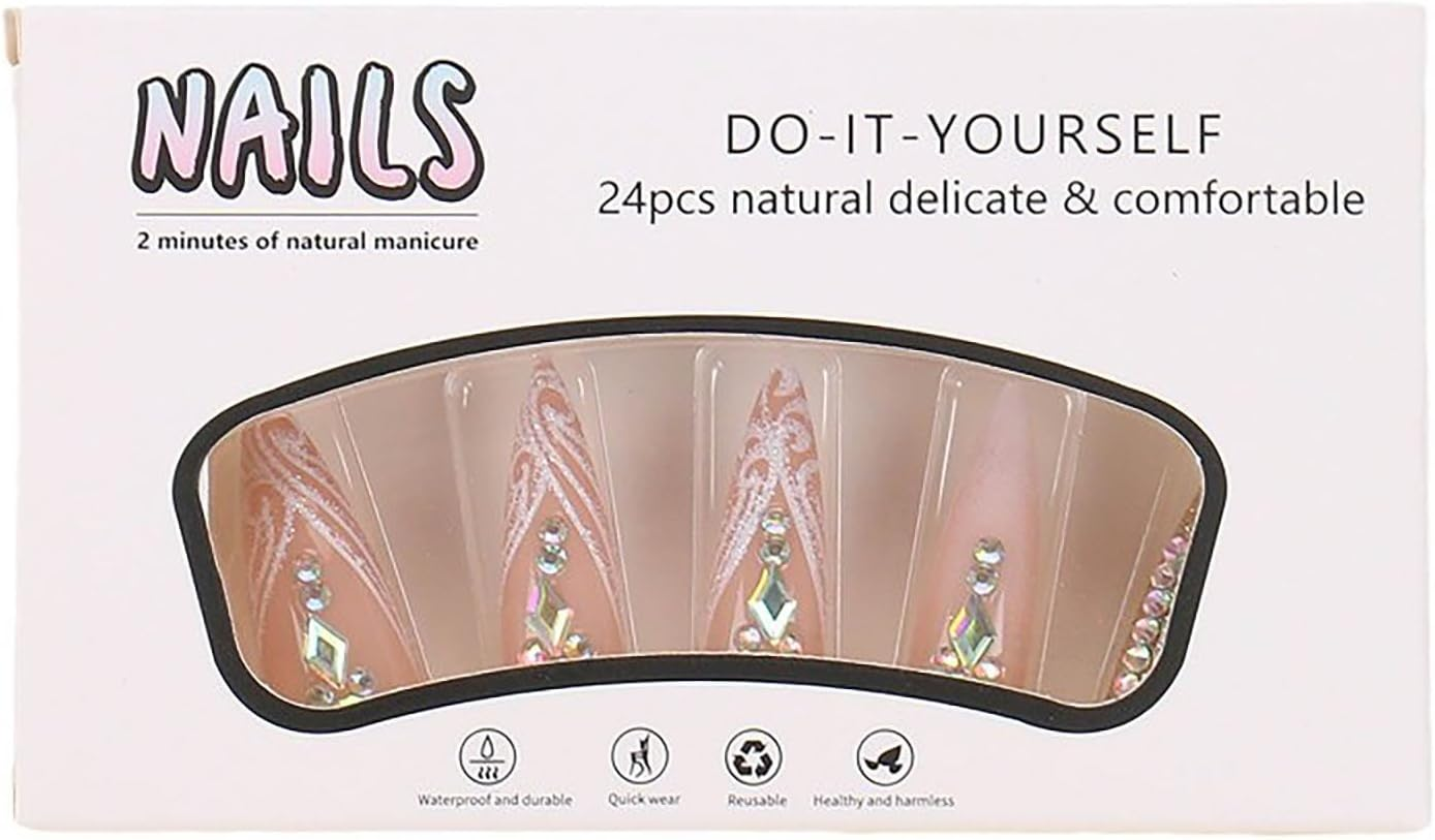 RUOKEXIN Long Press on Nails Stiletto Shaped Fake Nails Handmade False Nails with Rhinestones Designs White Ombre Glue on Nails Glitter Artificial Nails Luxury Stick on Nails for Women 24Pcs image number 3