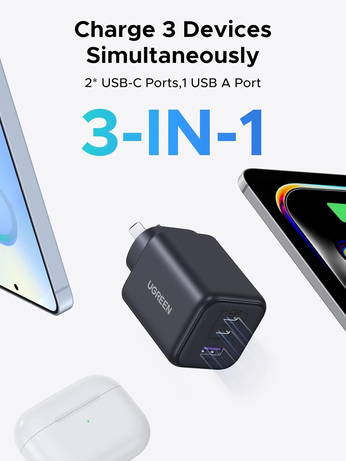 UGREEN 45W USB C Charger 3 Ports Gan Fast Charging Block, PD3.0 Compact Power Adapter AU Plug for Macbook Air, Ipad Pro, Iphone 17 Pro Max/Iphone Air/16/15, Galaxy S25 Ultra (PPS 45W), Pixel 10 Pro XL image number 1