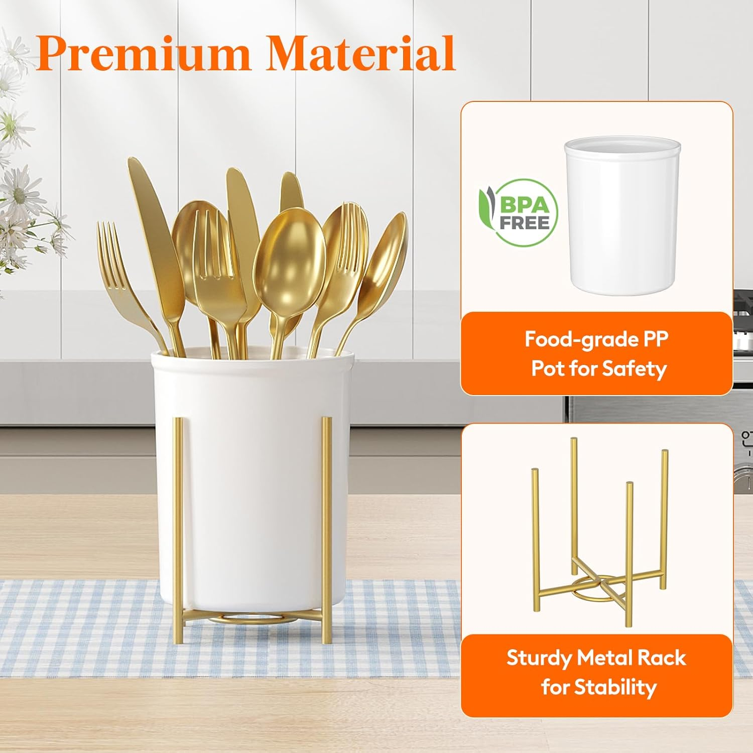 Lifewit Silverware Holder for Kitchen Countertop, Cutlery Flatware Caddy with Bracket, Plastic Utensil Spoon Fork Knives Organizer for Party Picnic, Gold, 2 Pack