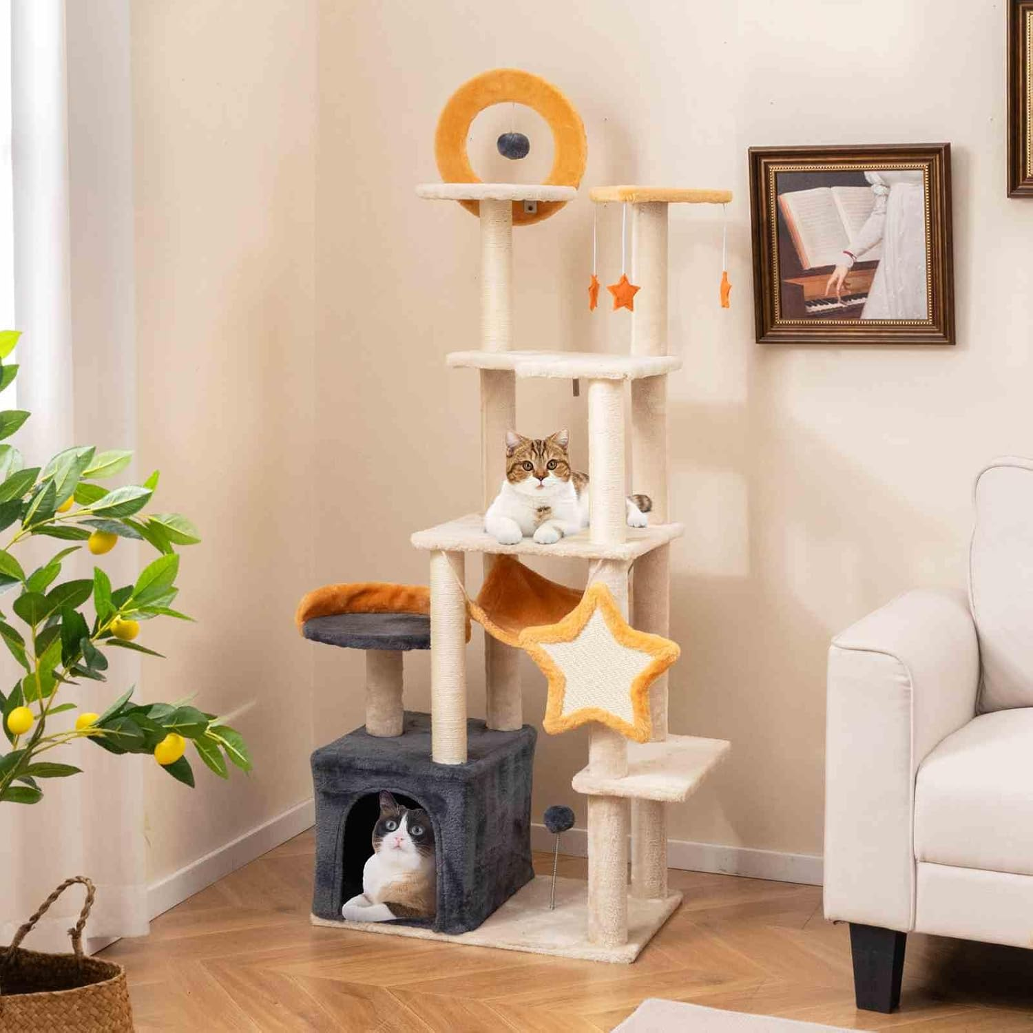 Costway 160Cm Cute Cat Tree for Indoor Cats, Multi-Level Cat Tower W/Sisal Scratching Posts & Board, Condo, Plush Perch & Platforms, Hanging Toys, Spring Ball, Large Kitty Activity Center image number 4