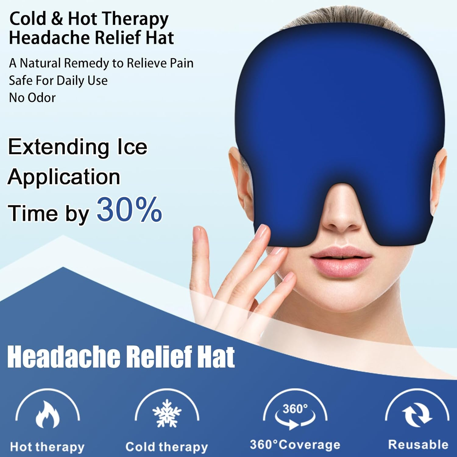 Migraine Cap with Exposed Ear Gel Ice Pack for Alleviating Headache, Puffy Eyes, Tension, Sinus, Stress, Cold and Hot Head Wrap for Easing Pain (Black) image number 3