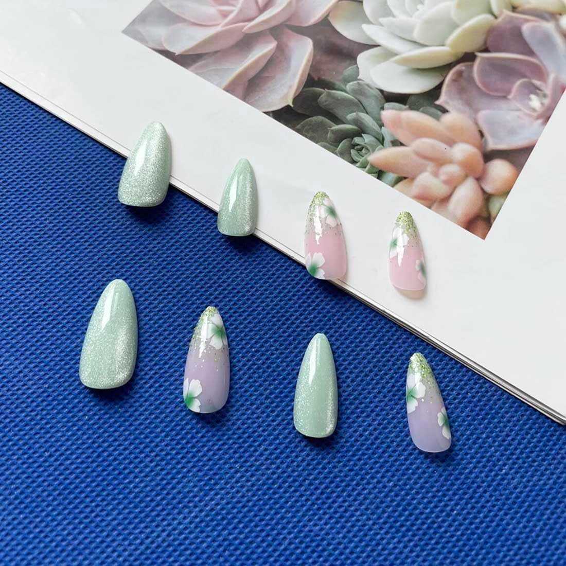 Resweky Long Almond False Nails Pink Green Flower False French Nails Shiny Print Acrylic Nail Cover for Women Girls image number 6