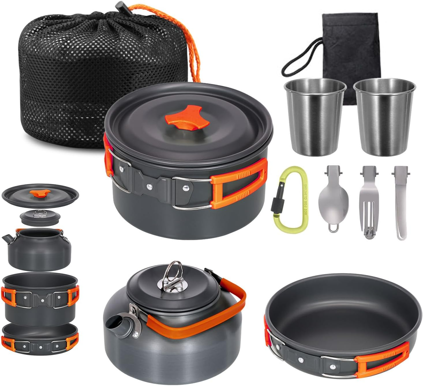 Aomiun Camping Cookware Kit, Non-Stick Pot Pan Kettle Set with Stainless Steel Cups Forks Knives Spoons for Picnic Hiking 1-2 People
