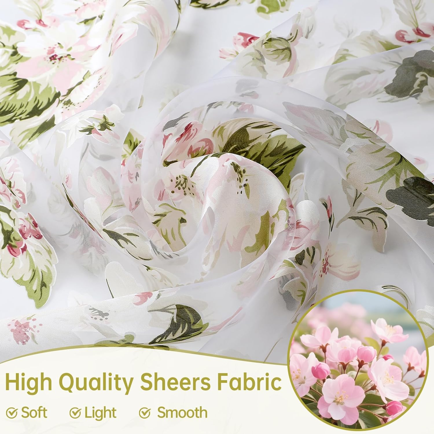 BROSHAN Floral Print Sheer Room Curtains, Pretty Pink Flower Curtain Sheers Sage Green Leaves Pattern Bedroom Curtain Set of 2 Botanical Voile Tulle Window Curtain Panels Rod Pocket image number 6