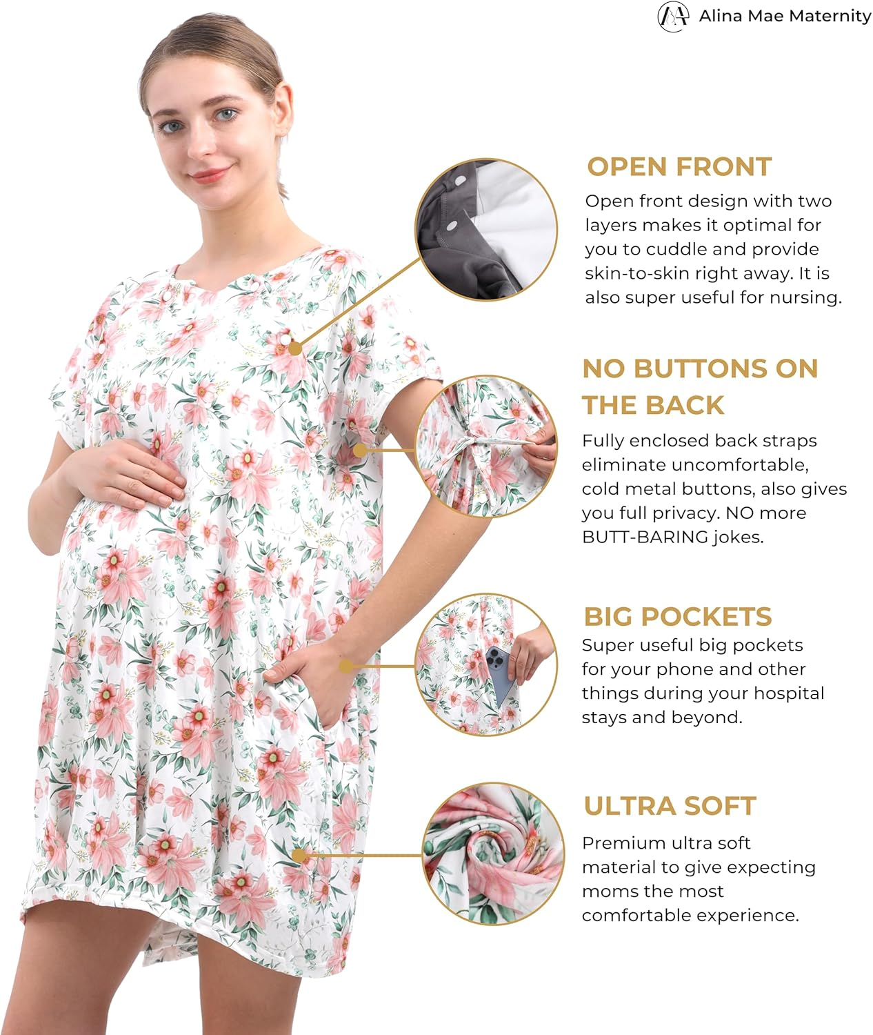 Labor and Delivery Gown for Hospital with Pockets Open Back Nursing Pajamas for Women Breastfeeding Maternity Nightgown image number 2