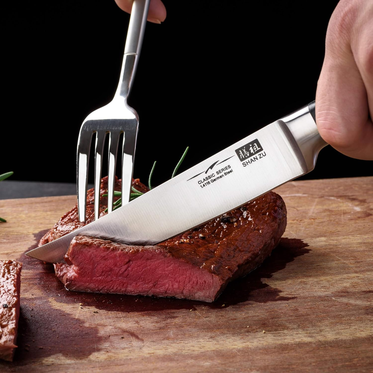 SHAN ZU Kitchen Steak Knives Set of 4, High Carbon German Stainless Steel Knives with 15&deg; Double Sided Edge & Ergonomic Pakkawood Handle image number 4