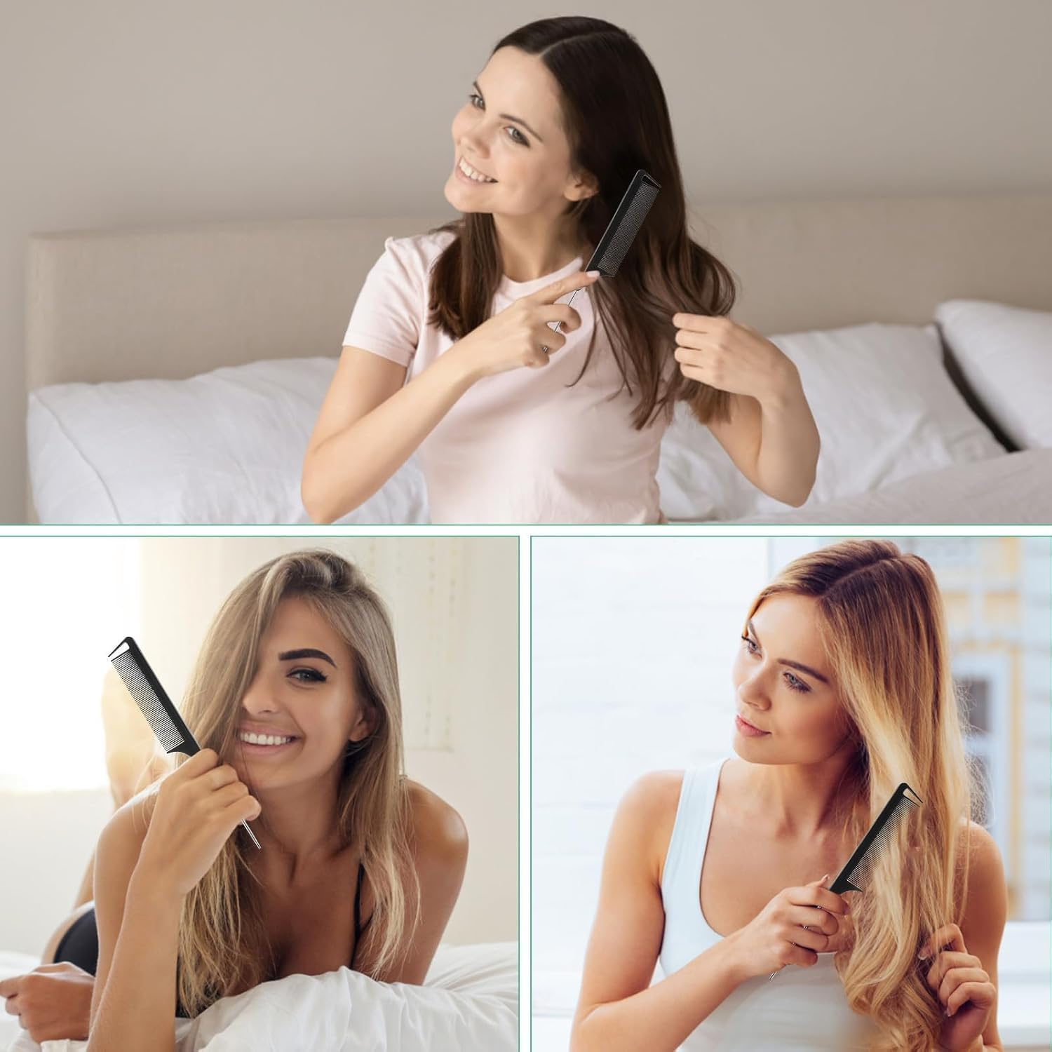 Rat Tail Parting Fine Tooth Comb, 8Pcs Metal Rat Tail Fine Tooth Parting Combs with Stainless Steel Pintail,Stainless Steel Pintail and Heat Resistant Carbon Fiber Teasing Parting Hair Comb for Women image number 1