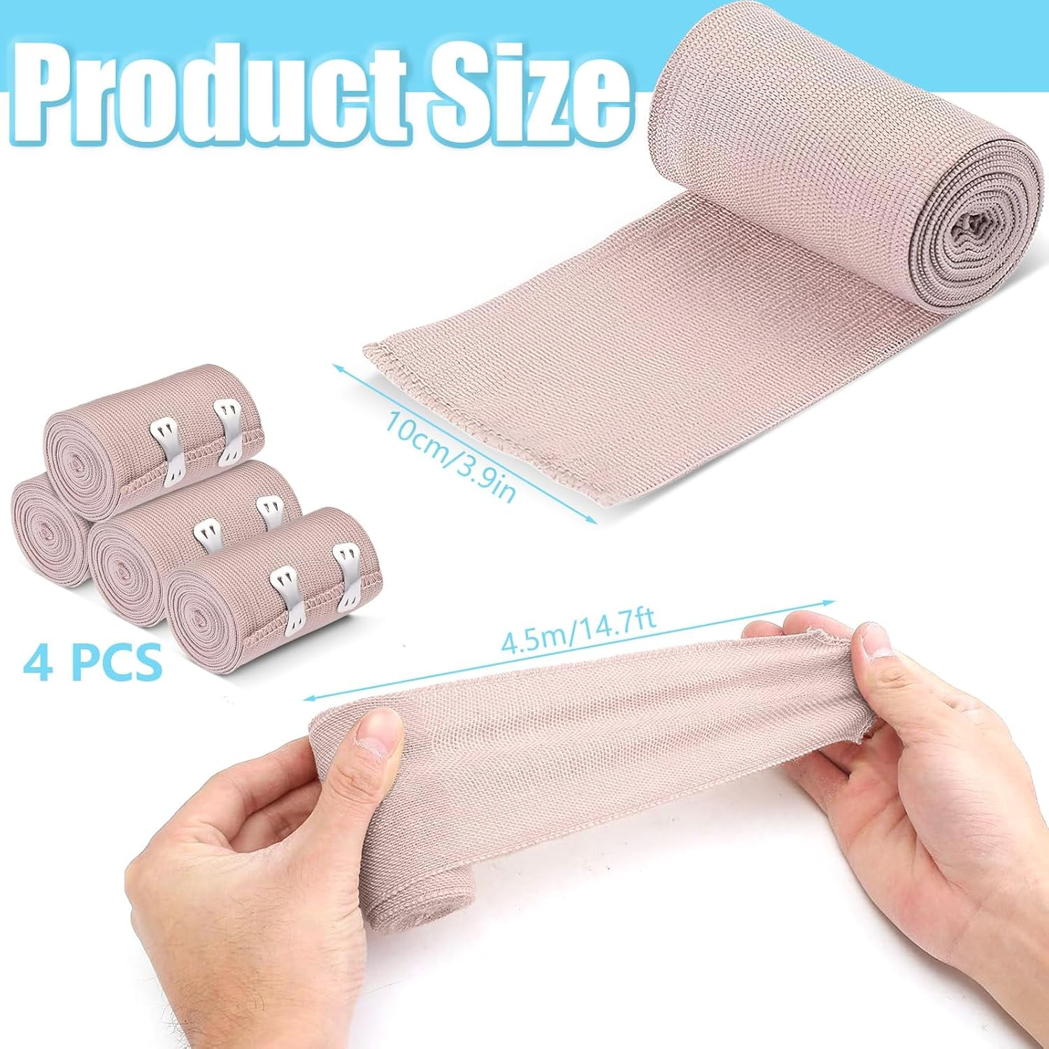 Elastic Bandage Wrap, 4 Pcs (4Inch X 15Ft) Durable Compression Bandage with Clips, Lightweight Portable Bandages for Ankle, Wrist, Arm, Leg Sprains image number 3