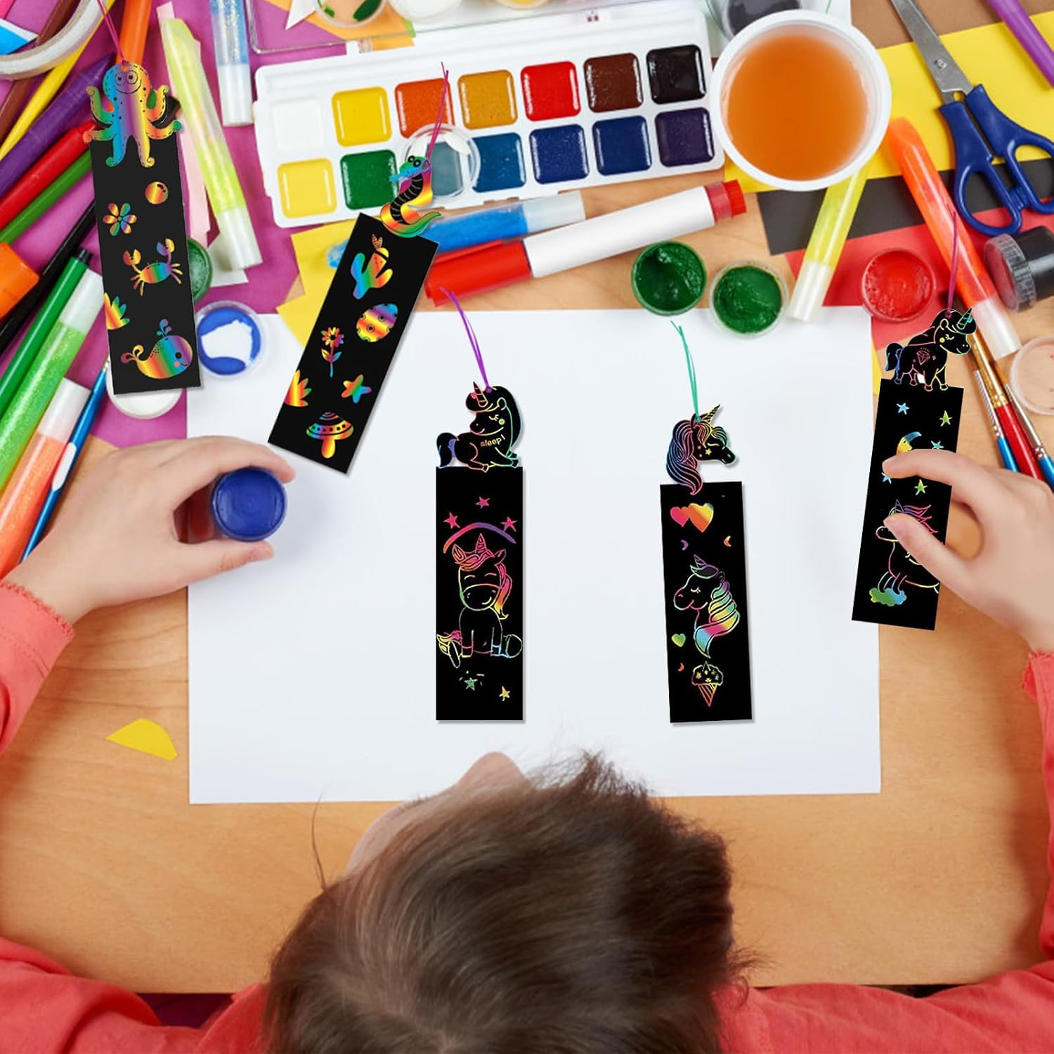 Viiotu 48 Pcs Scratch Art Bookmarks Party Favours Kids, Animal Bookmarks Set Party Bag Fillers with 48 Pcs Colorful Ribbons and 24 Pcs Wood Stylus, Scratch Art for Classroom Activities Party (Unicorn) image number 3