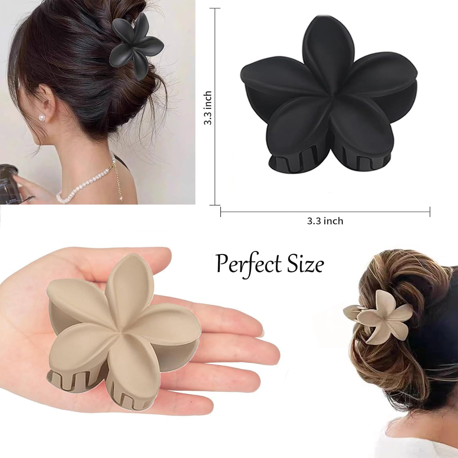 8 Pcs Large Hawaiian Hair Claw Clips Floral Hair Claw Clips Wide Flower Design for Women (Black, Brown, Beige) image number 4