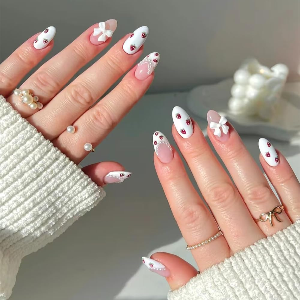 Mouyouglow Glow Press on Nails Short Almond White Strawberries French 3D Bow Tie Bow Tie Pearl Sweet Y2K Fake Nails with Nail Glue, White Strawberries Tips INS Artificial Fingernails