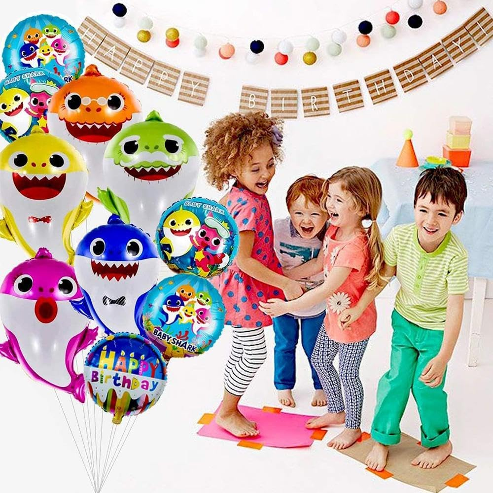 Baby Shark Party Balloons Set - 10 Pcs 26" Helium Balloons, 5 Pcs 17" round Balloons, 10M Ribbon & Straw - Party Supplies and Decorations image number 1