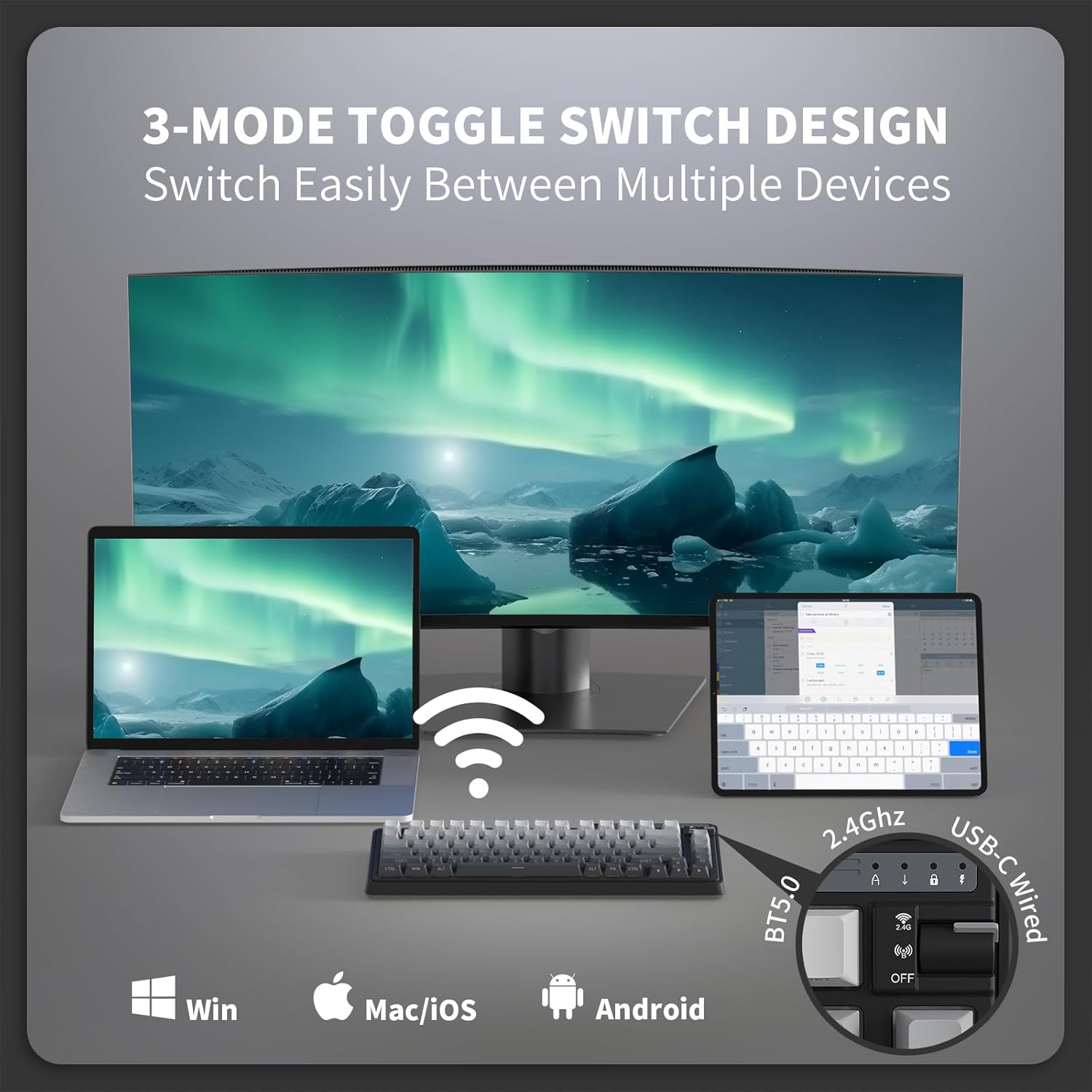 KZZI K75 Lite 75% Gasket Wireless Mechanical Keyboard, RGB Gaming Keyboard W/ 3-Mode Knob BT 5.0/2.4G/USB-C Wired, Hot Swappable, PBT Keycaps, 5-Layer Padding & Creamy Pre-Lubed Custom Linear Switches image number 2