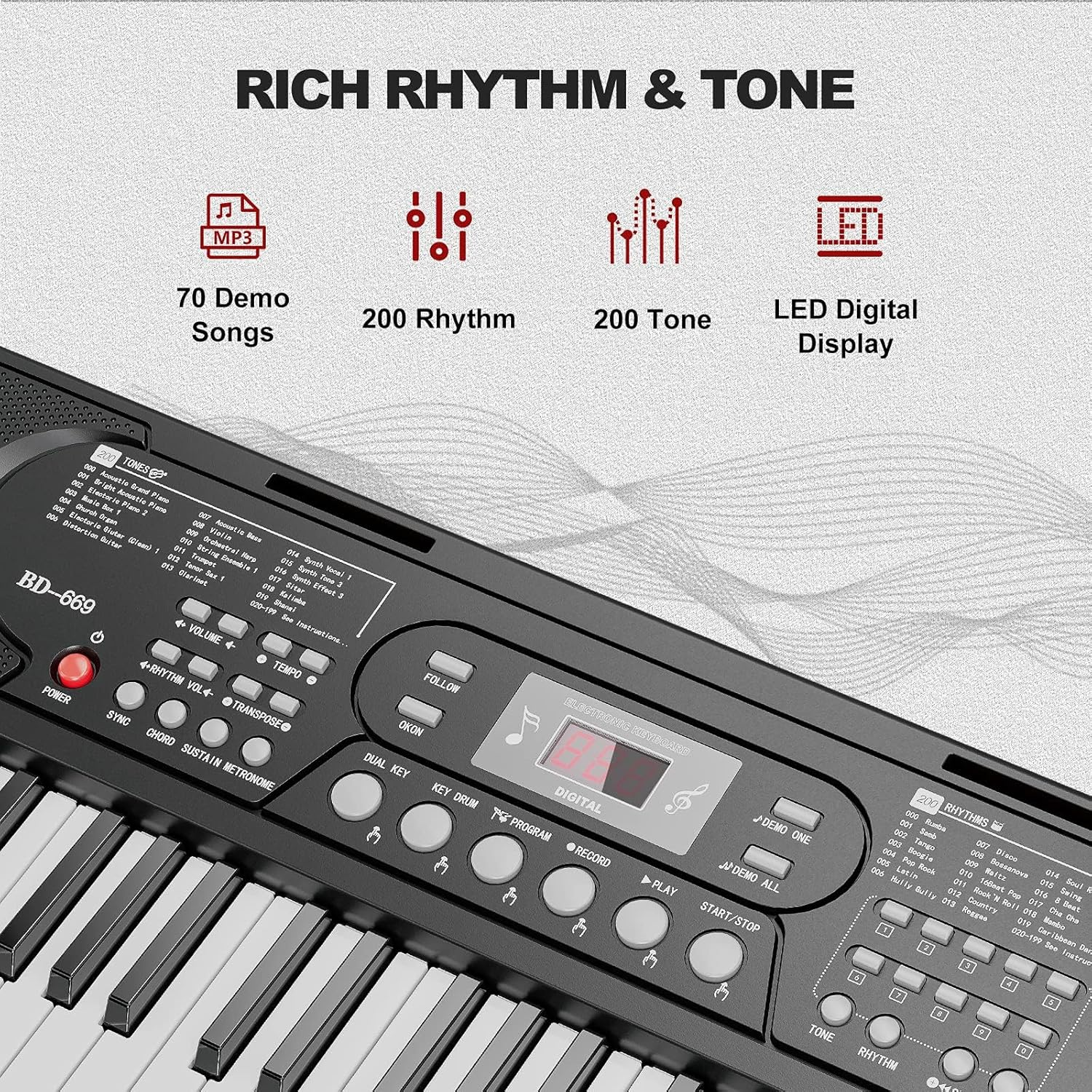 UMOMO 61 Keys Electronic Piano Keyboard with H Piano Stand, Portable Digital Keyboard with Microphone, Music Stand, Adaptor Power for Beginner, Black image number 3