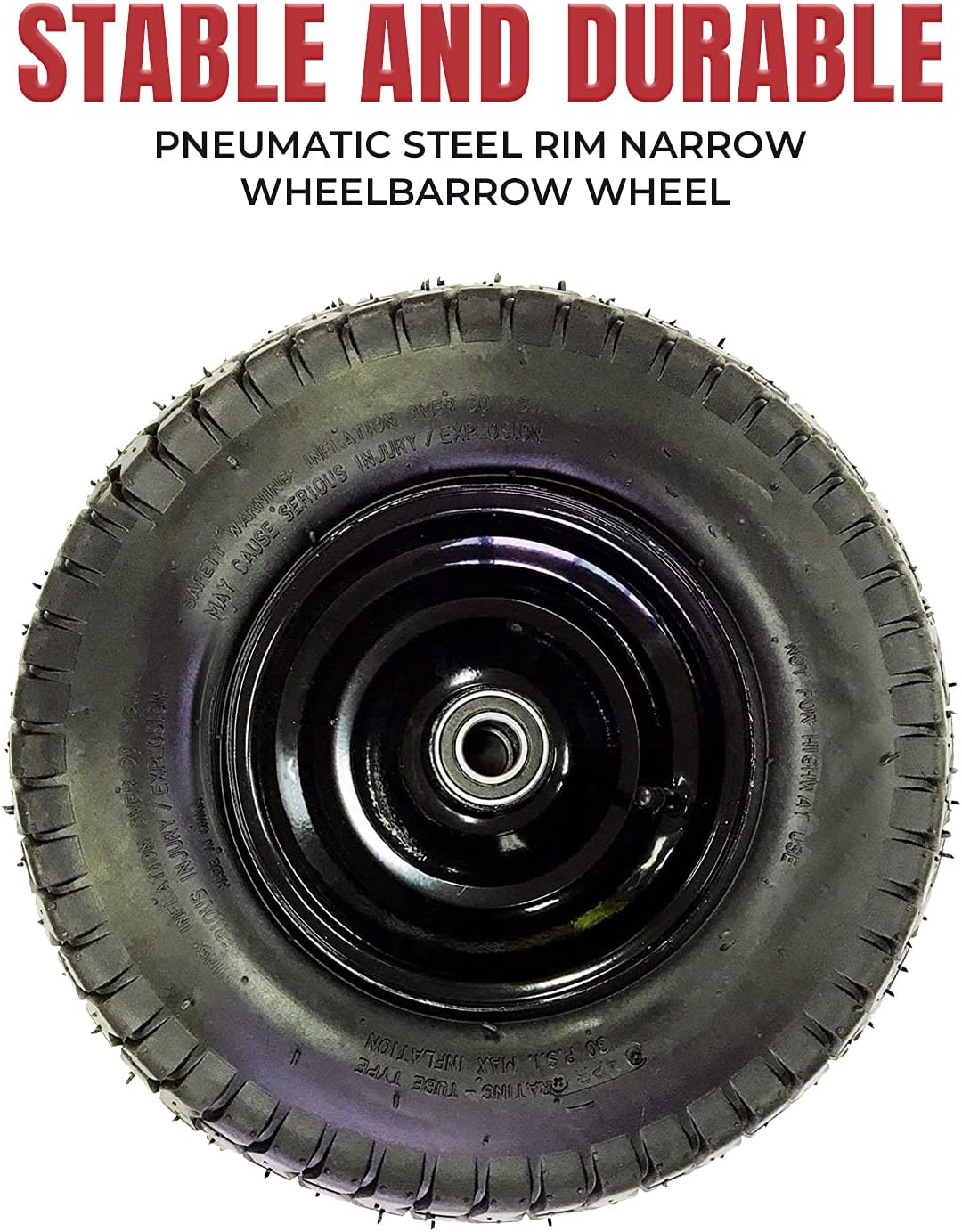 D2U 16-Inch Narrow Wheelbarow Wheel Replacement Air-Filled Wheel with Black Steel Rim, 400Mm Radius, 25.4Mm Bearing Hub, 100Mm Length, 90Mm Tire Width - Rubber Tire for Wheelbarrows - (Pack of 1) image number 1