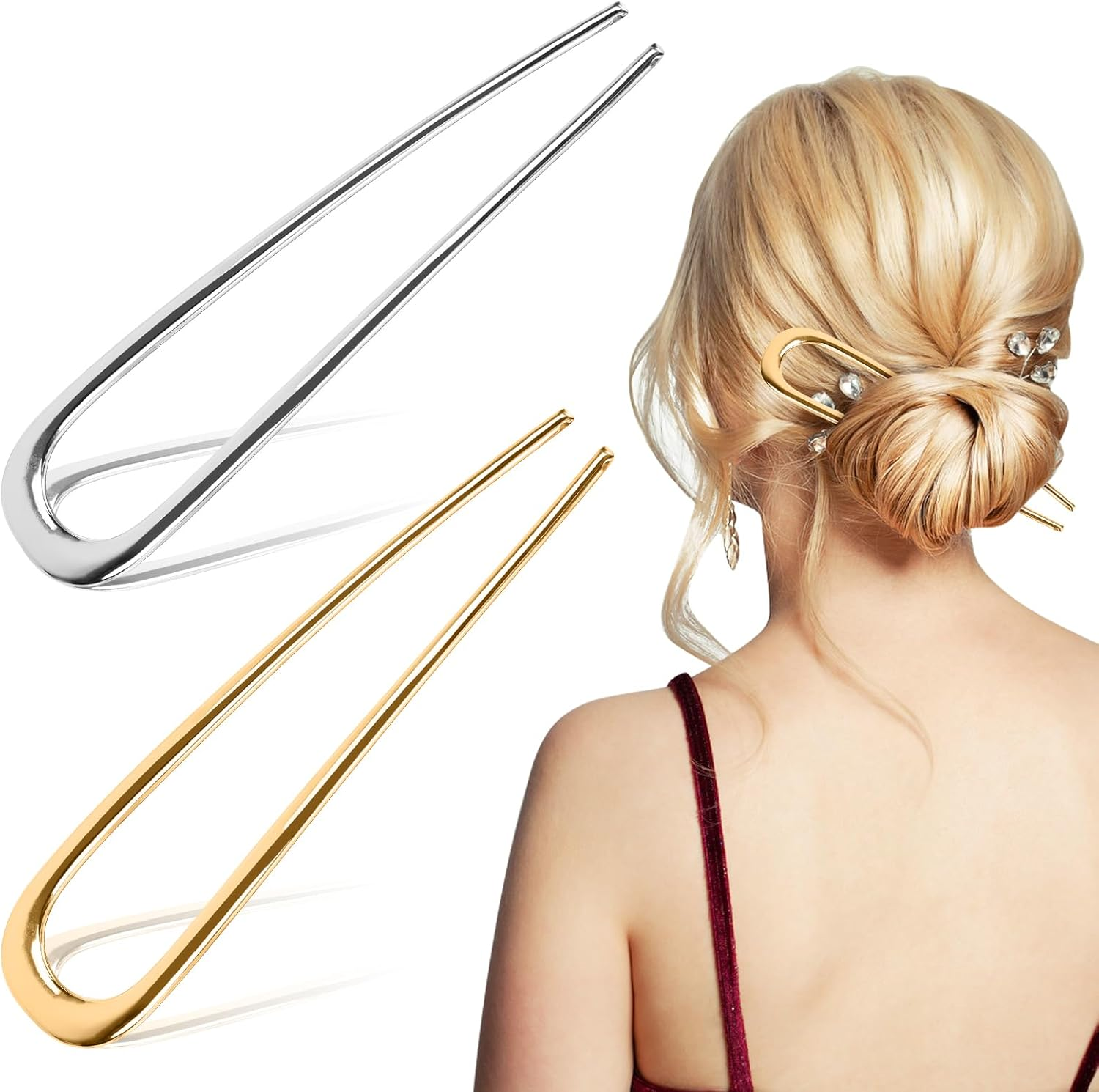 Pack of 2 U-Shaped Hair Pins, French Hair Pins, Large, U-Shaped French Hair Pin Made of Metal, Hair Bow, Hair Fork, Hair Sticks, Hair Accessories for All Hair Types of Women and Girls (Gold, Silver) image number 1