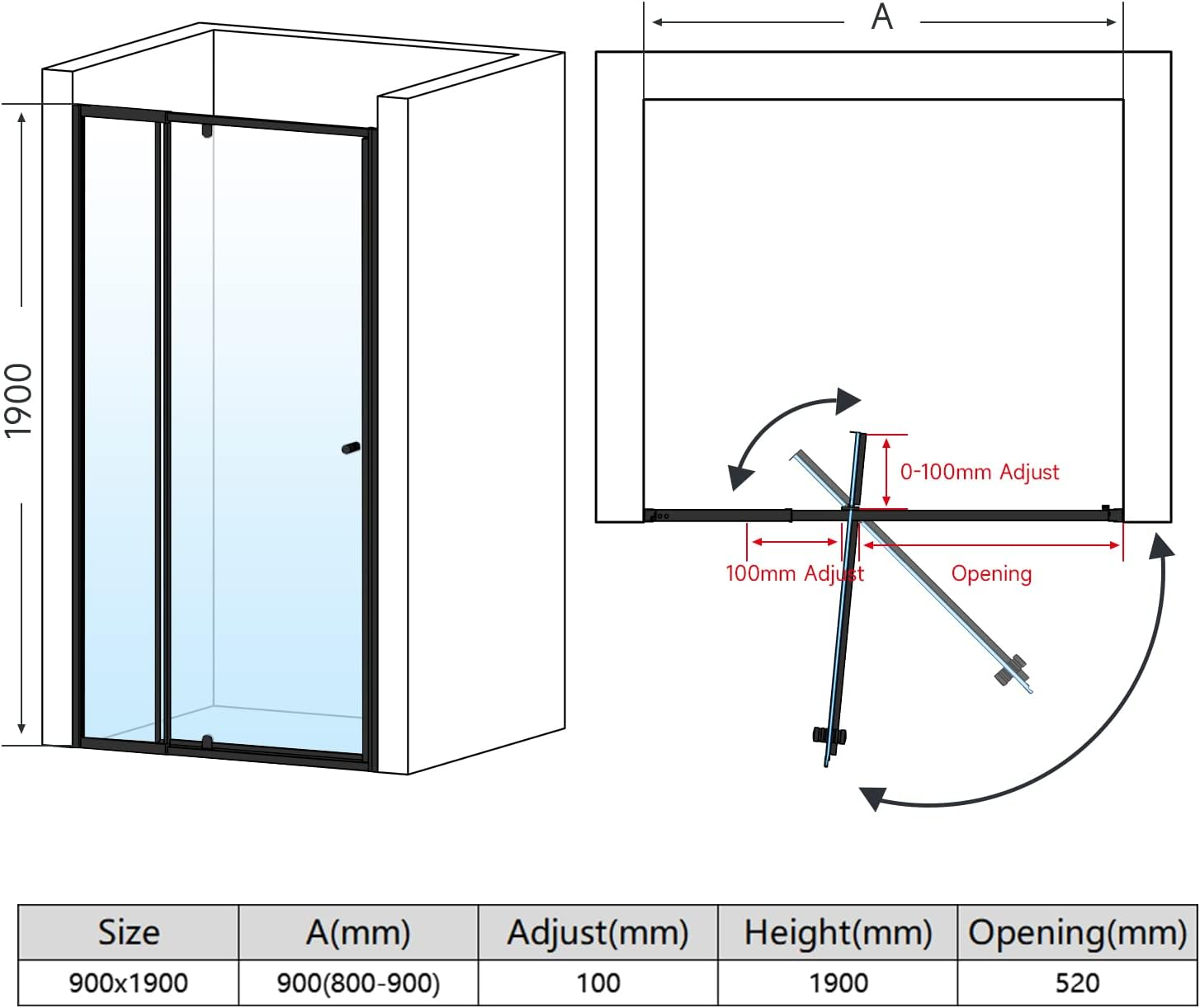 ELEGANT Semi-Frameless Shower Doors, Black Pivot Door, 5Mm Safety Glass Rail Adjustable, Fits 80-90Cm, Reversible Shower Enclosure Cubicle image number 1