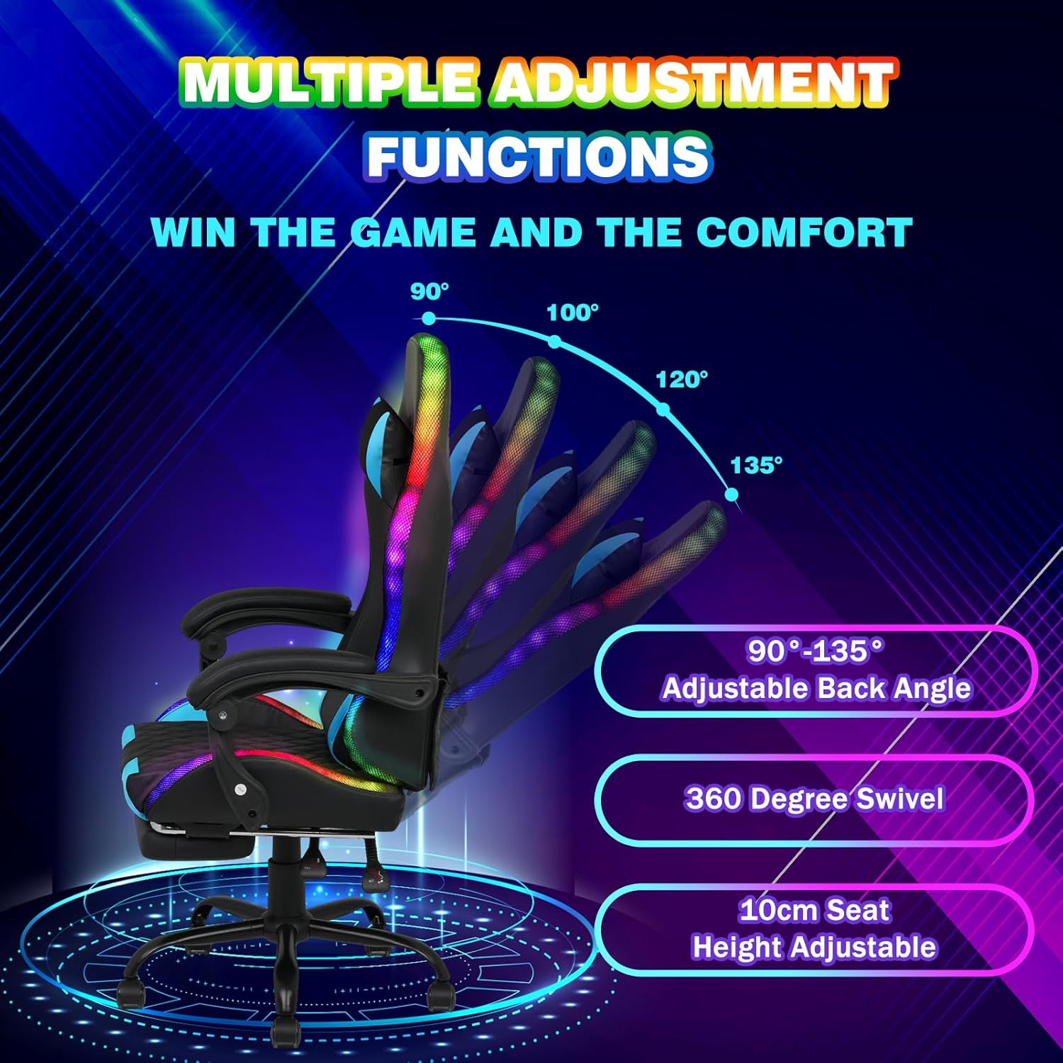 Advwin Gaming Chair with Massagers and LED Lights, Executive Office Chair with 135&deg; Recline, Racing Computer Chair with Footrest, Lumbar Support, Adjustable Height and High Back (Black & Blue) image number 4