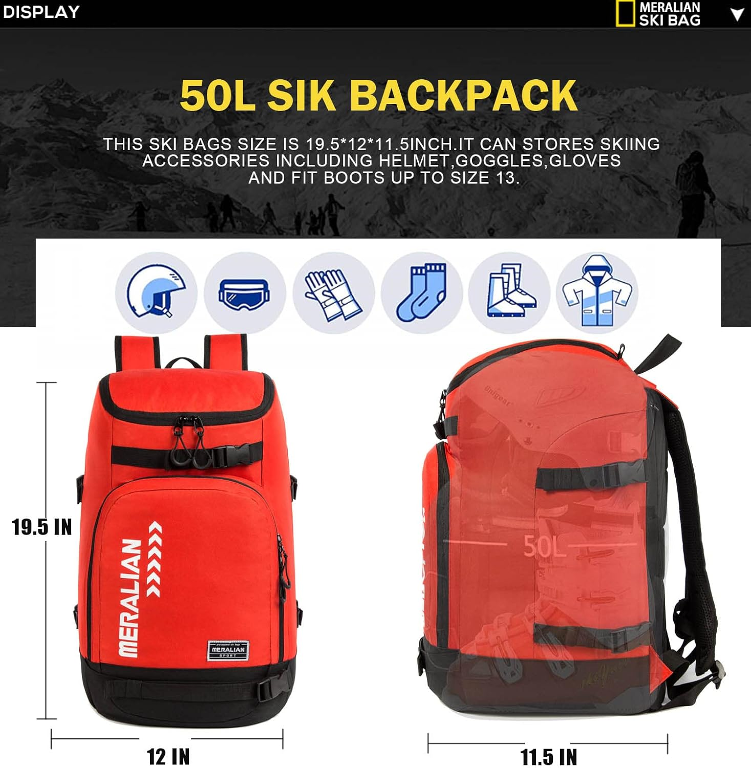 Ski Boot Bag - 50L Ski Boot Travel Backpack Waterproof Snowboard Boot Backpack for Travel Stores Gear Including Helmet, Goggles And image number 2
